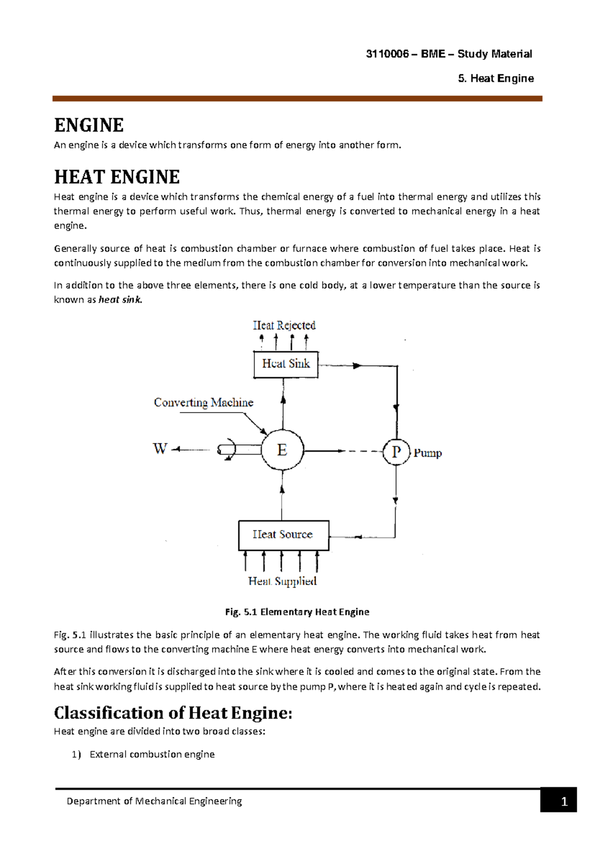 BME Study Material 5: Heat Engine Overview and Analysis - Studocu