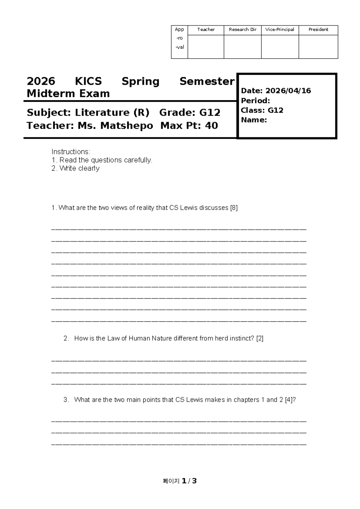 KICS G12 Literature Midterm Exam Notes - Spring 2026 - Studocu