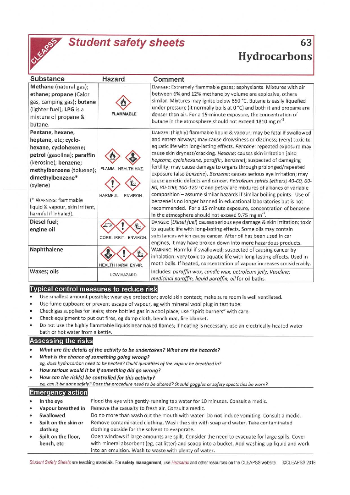 CLEAPSS Student Safety Sheets: Hydrocarbons & Iodine Hazards - Studocu