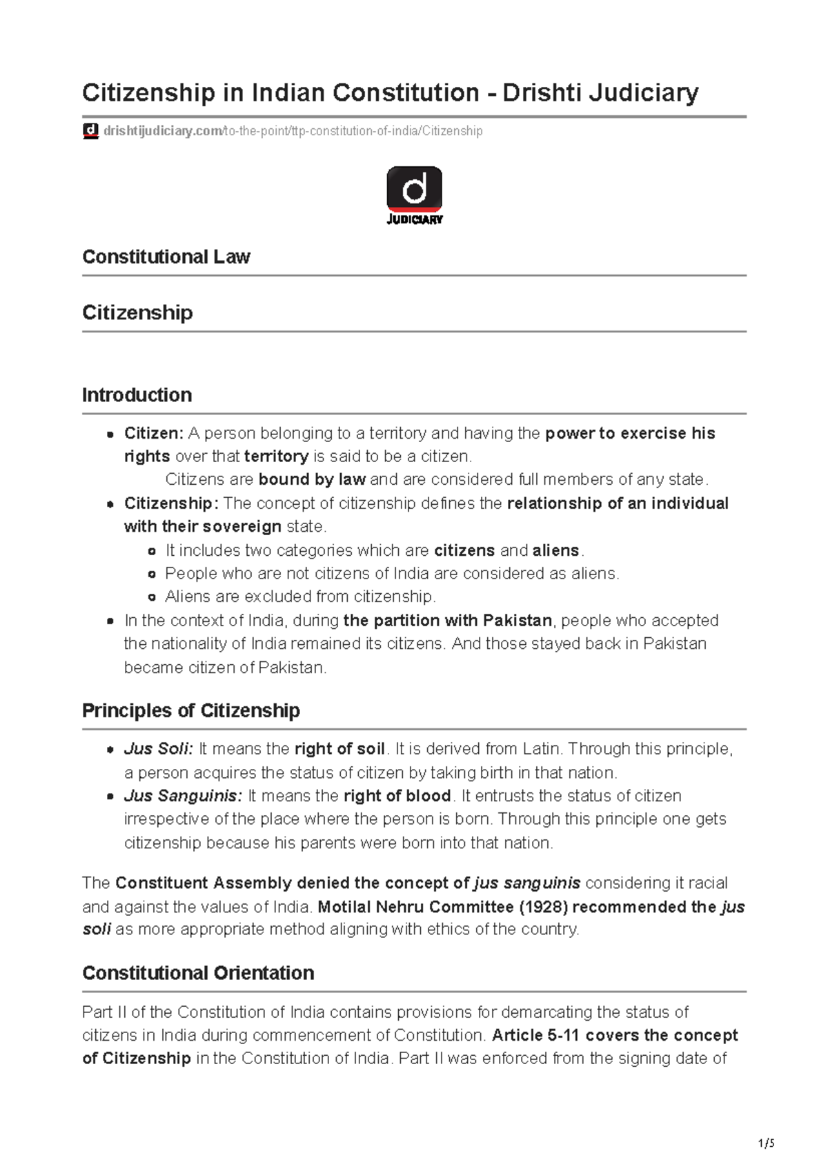 Drishti Judiciary - Citizenship According to the Indian Constitution ...
