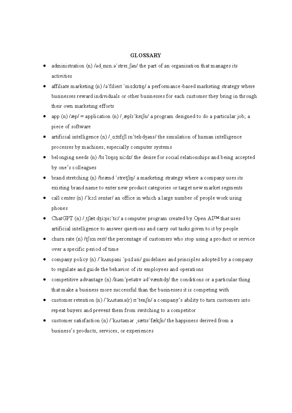 COB1 - Glossary of Key Terms for 201-20VOC Course - Studocu
