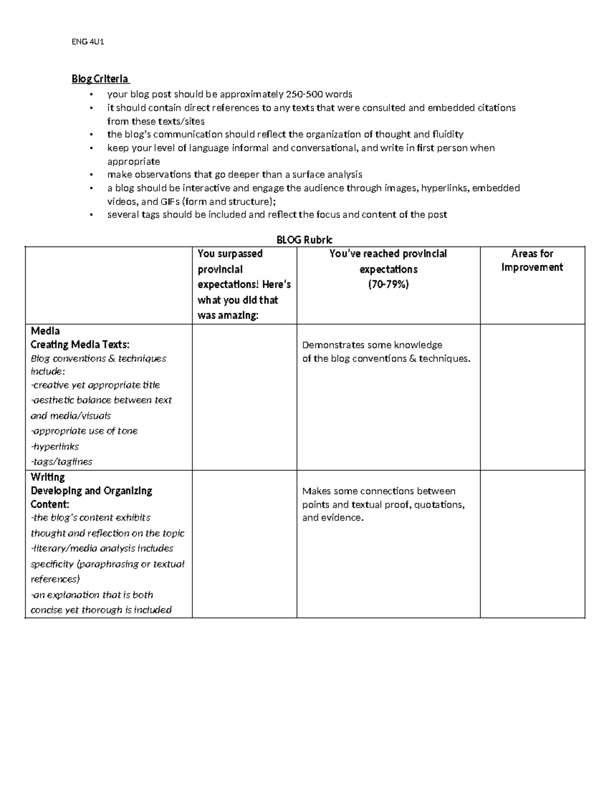 ENG4U Blog Rubric - ENG 4U Blog Criteria • your blog post should be ...