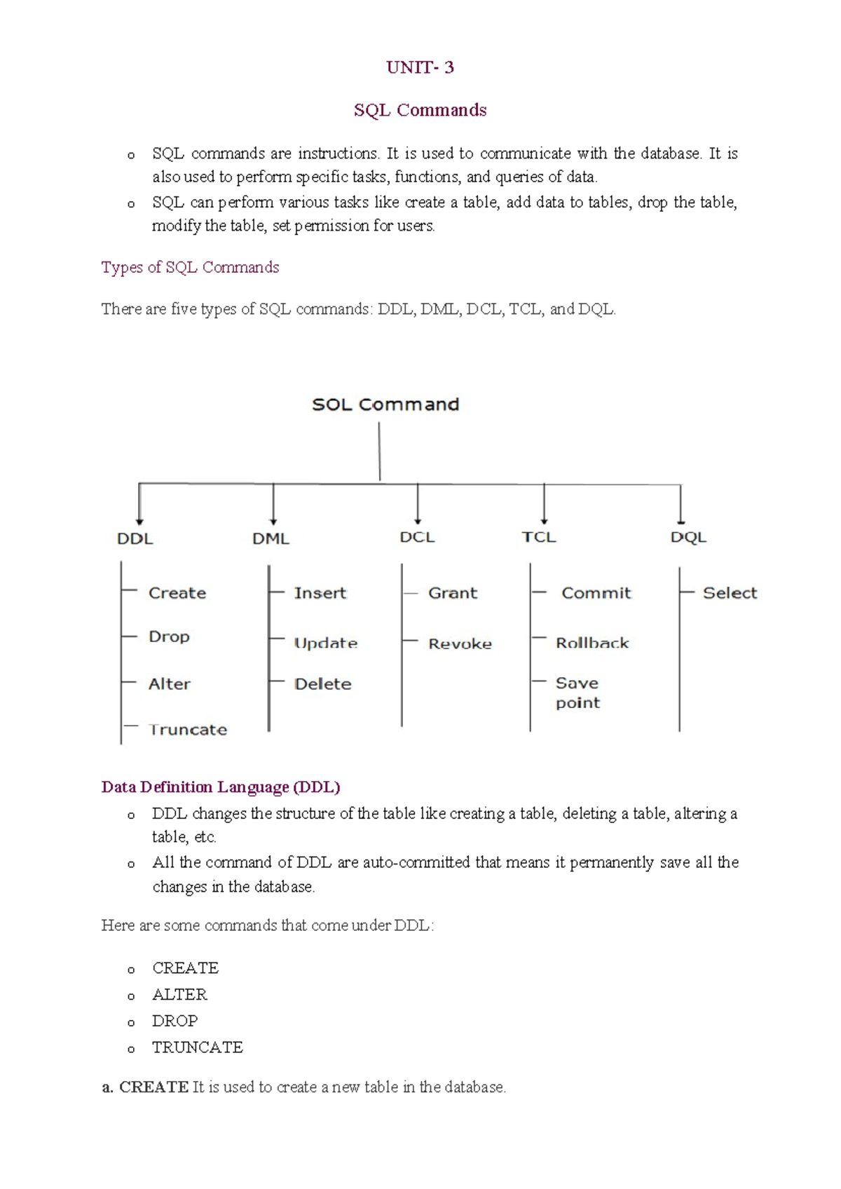 SQL Commands Overview - Unit 3 DBMS Essentials - Studocu