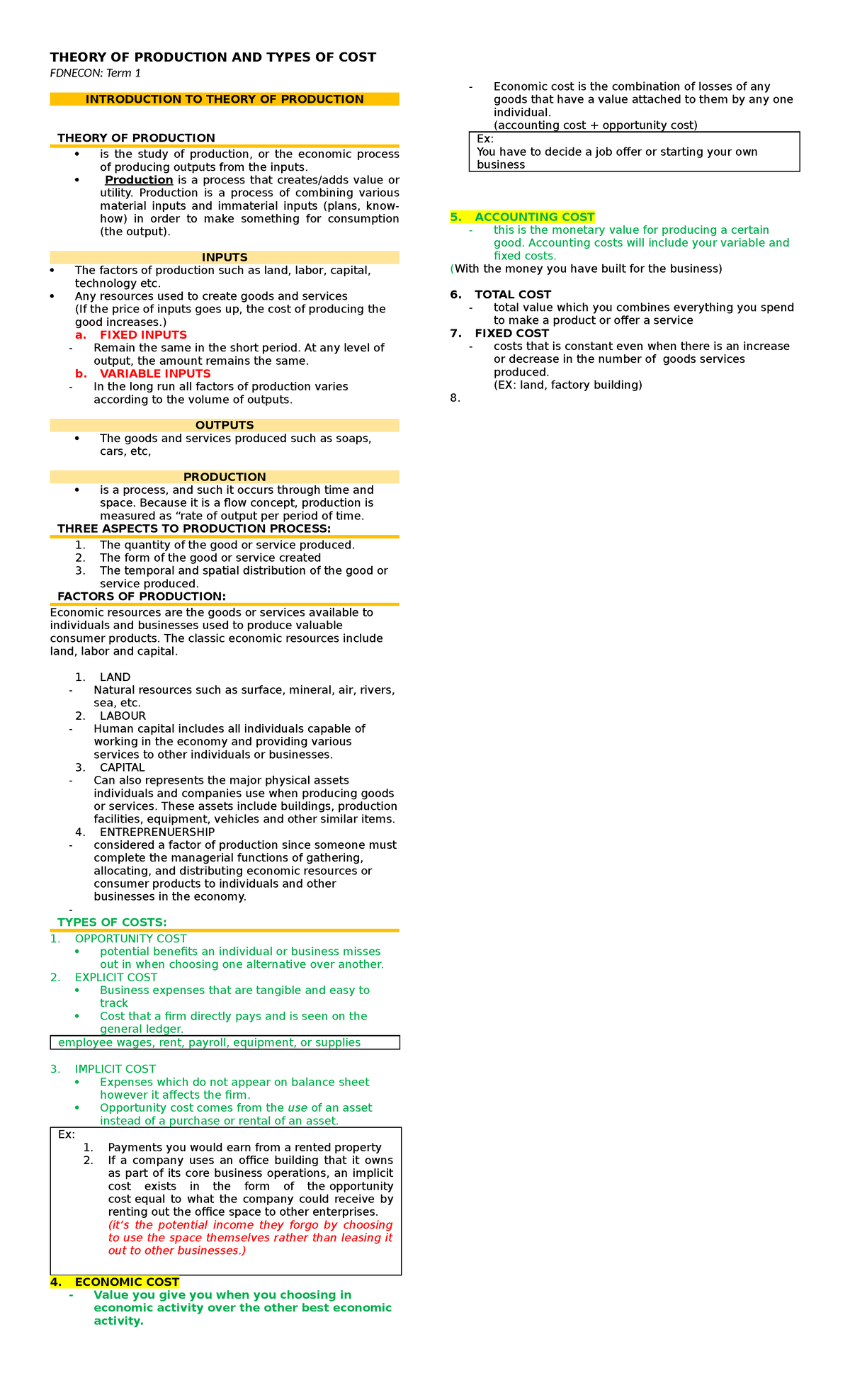 FDNECON Term 1: Theory of Production & Types of Cost Notes - Studocu