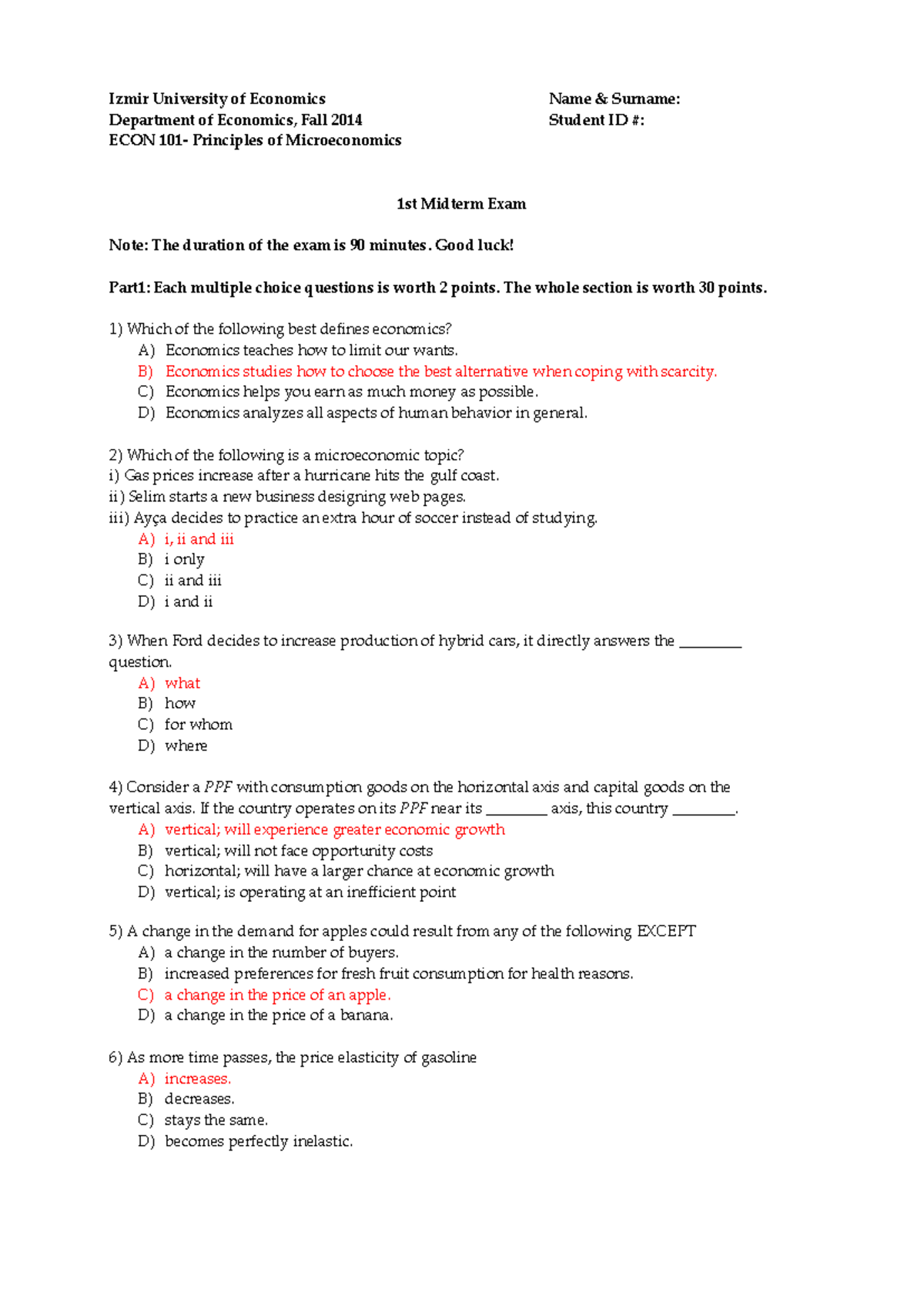 ECON 101 - Principles of Microeconomics 1st Midterm Exam Review - Studocu