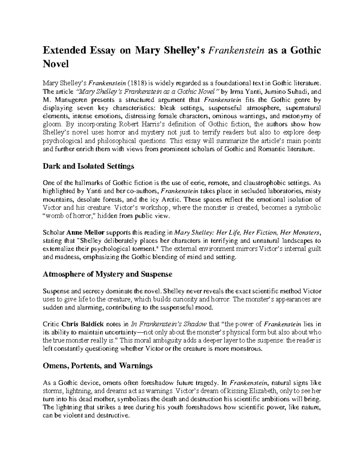 Extended Essay: Mary Shelley's Frankenstein (ENG 101) as a Gothic Novel ...