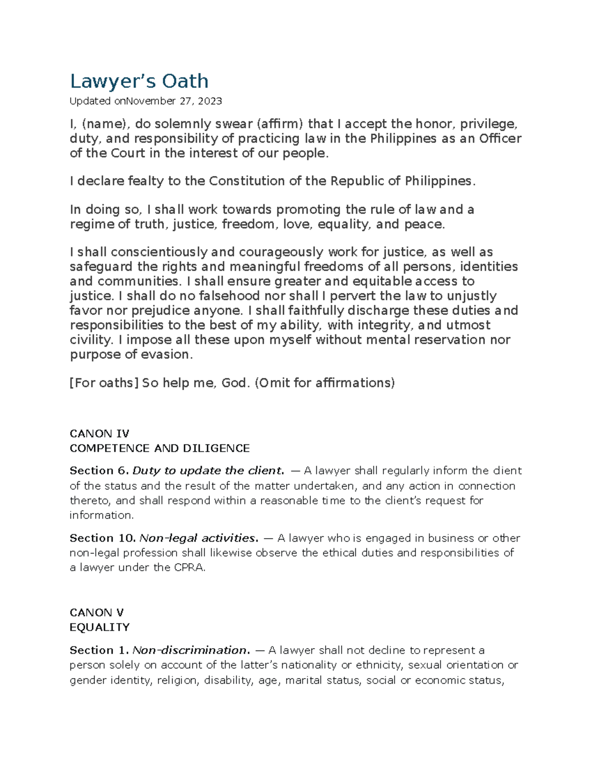 Ethics final - notes - Lawyer’s Oath Updated onNovember 27, 2023 I ...