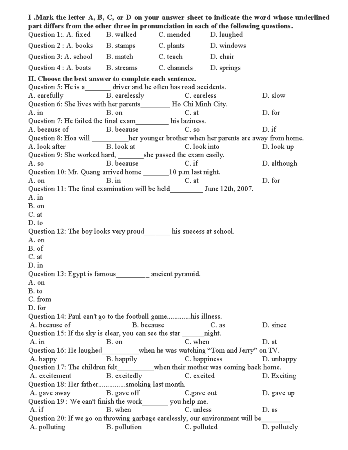 ÔN TẬP - I .Mark the letter A, B, C, or D on your answer sheet to ...