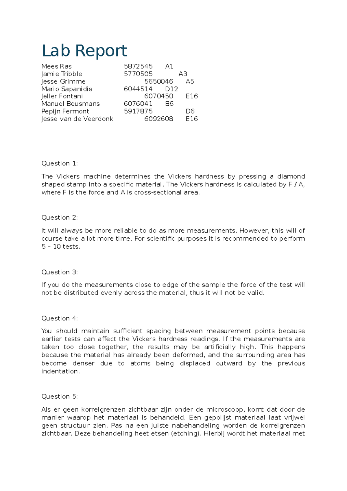 Lab Report: Vickers Hardness Testing & Material Analysis (Lab2 ...