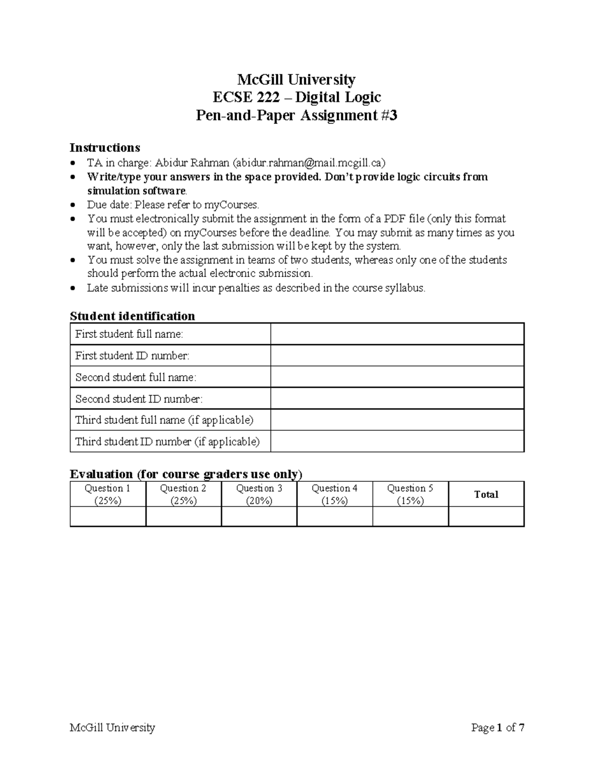 McGill University ECSE Digital Logic Assignment Instructions - Studocu