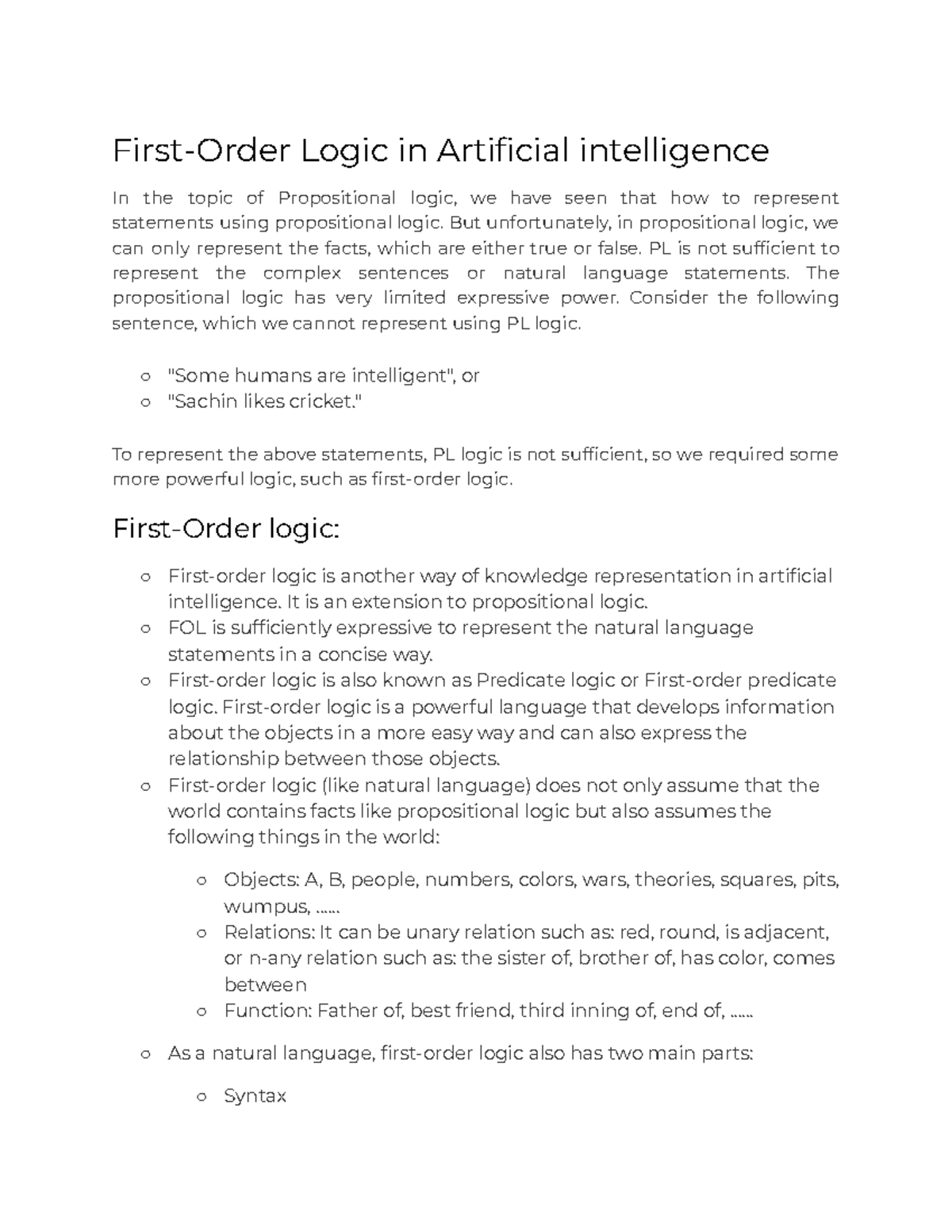 FOL - First Order Logic - First-Order Logic in Artificial intelligence ...