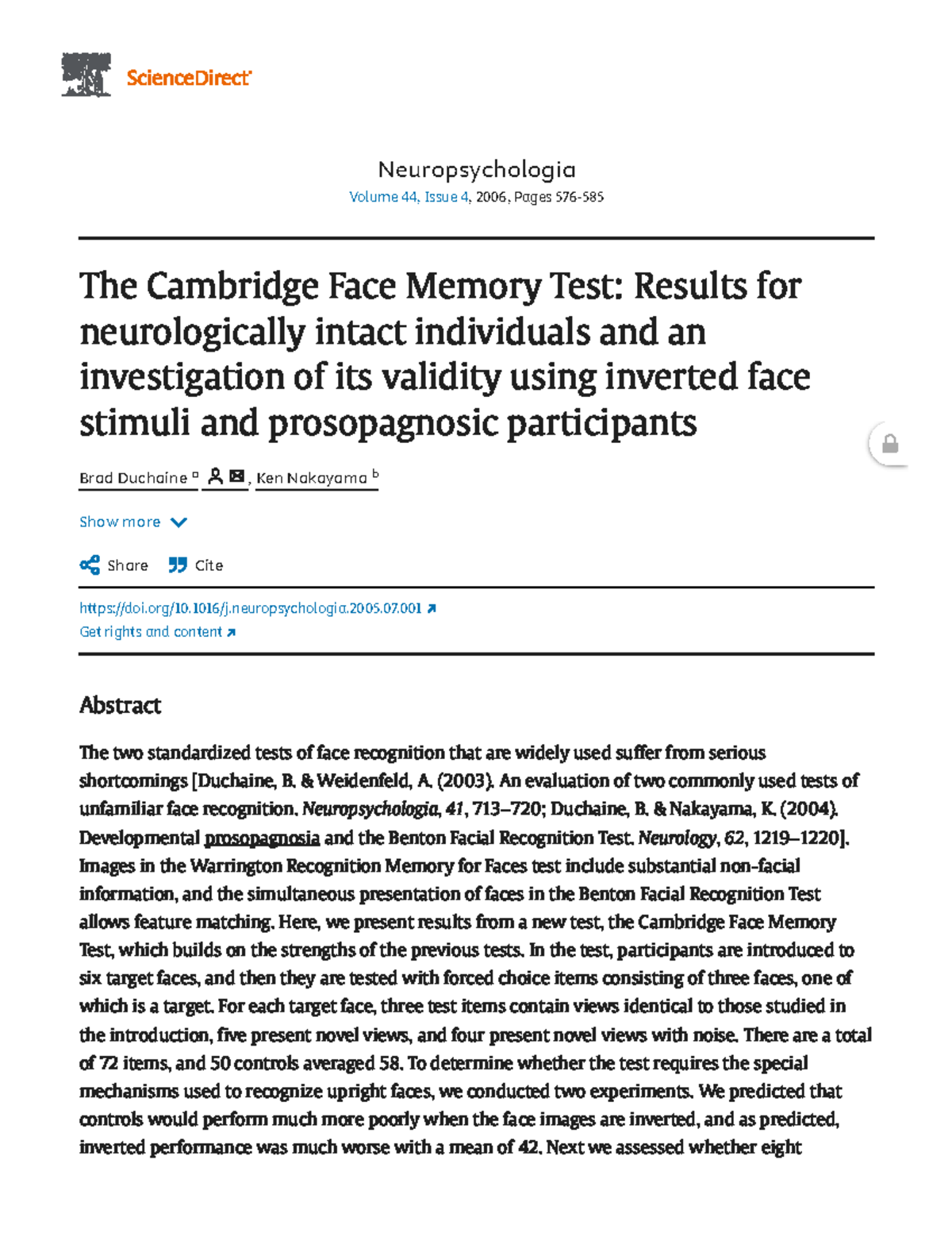 Cambridge Face Memory Test: Validity Study with Neurologically Intact ...