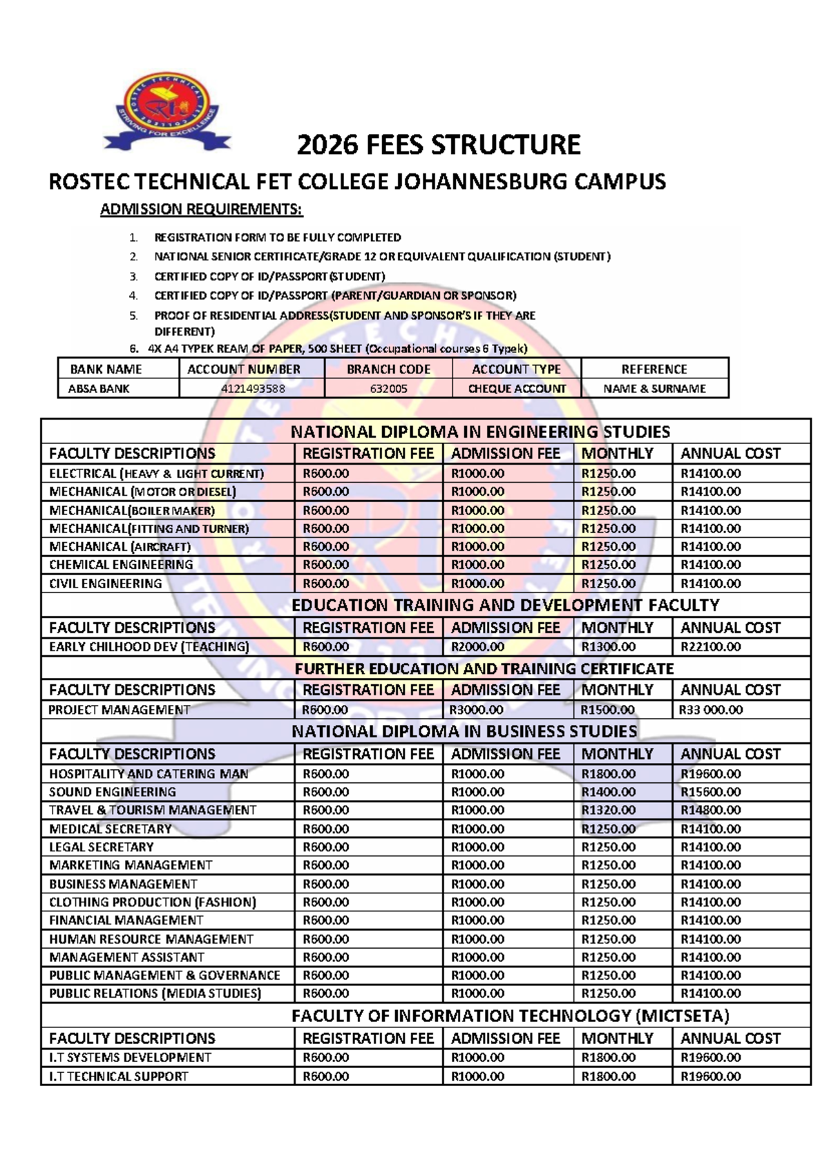 2026 Updated Fees Structure for Rostec Technical FET College - Studocu