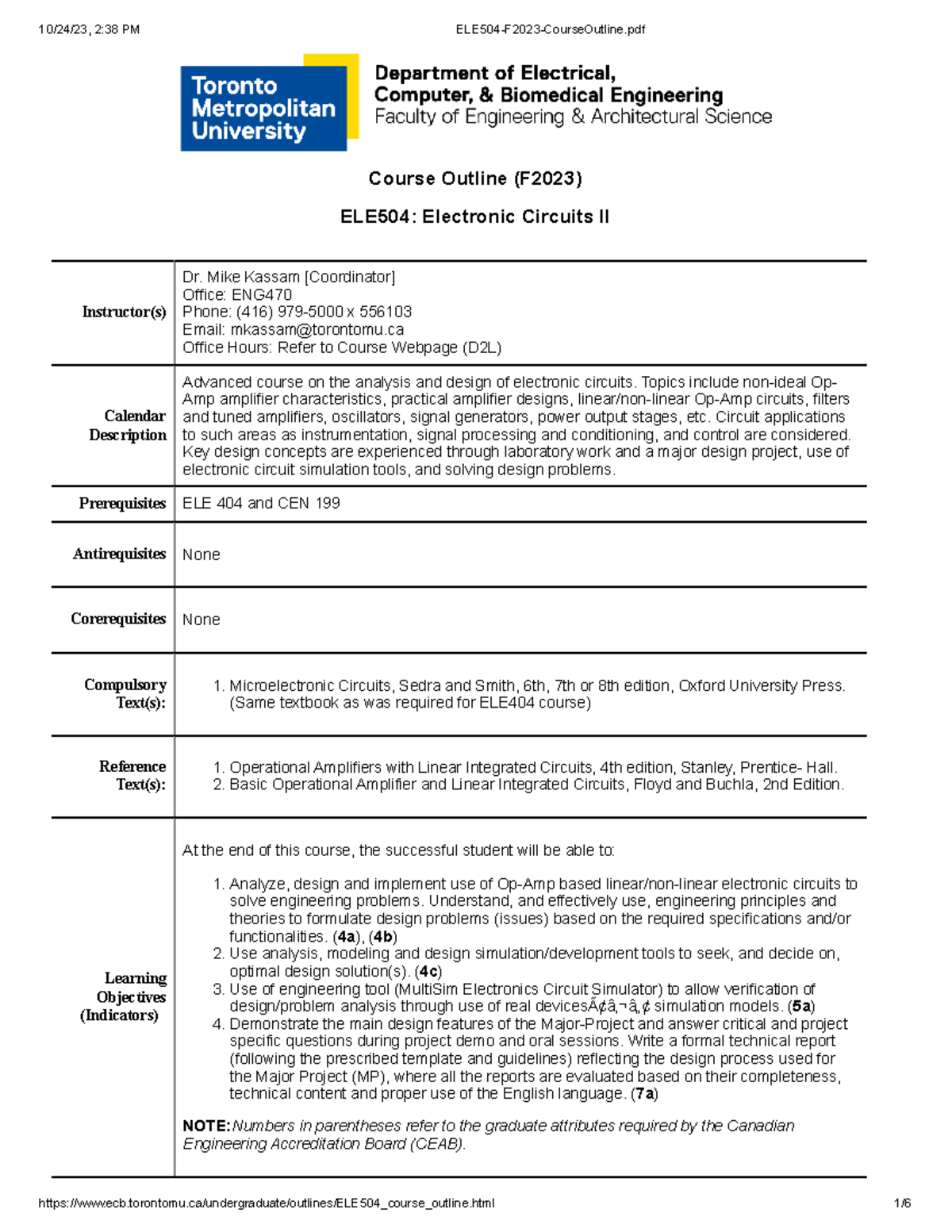 ELE504 F2023 Course Outline: Electronic Circuits II Details - Studocu