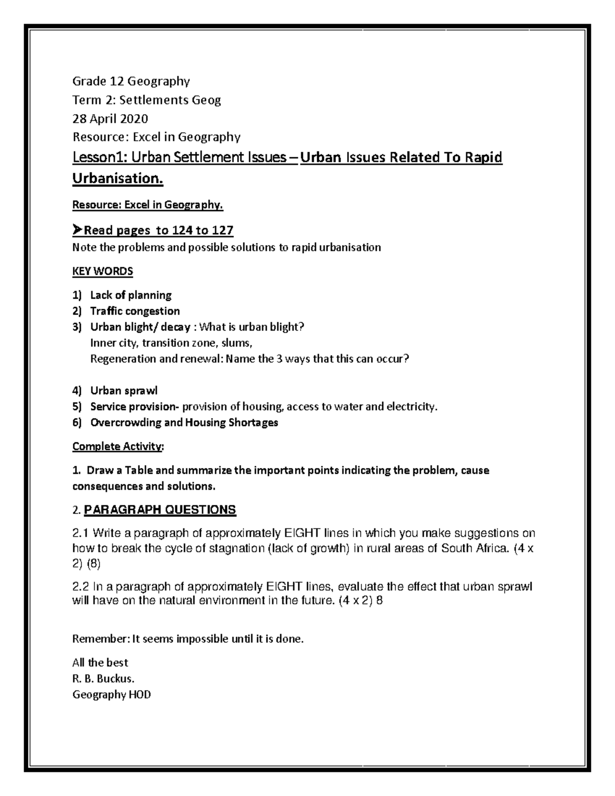 Grade 12 Geography Term 2: Urban Settlement Issues & Solutions Geog 28 ...