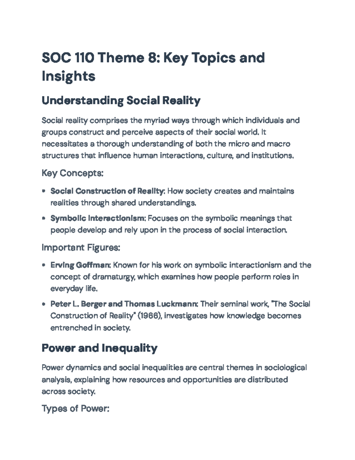 SOC 110 Final Exam Notes: Key Topics in Social Reality and Interaction ...