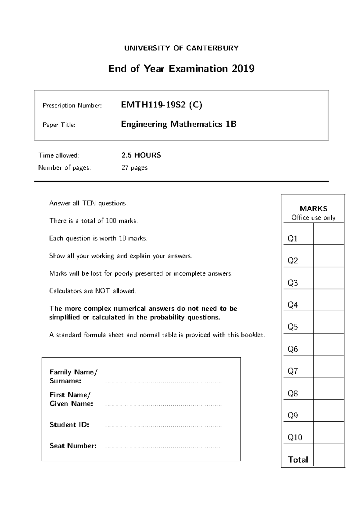 EMTH119-19S2 Final Exam: Engineering Mathematics 1B 2019 - Studocu