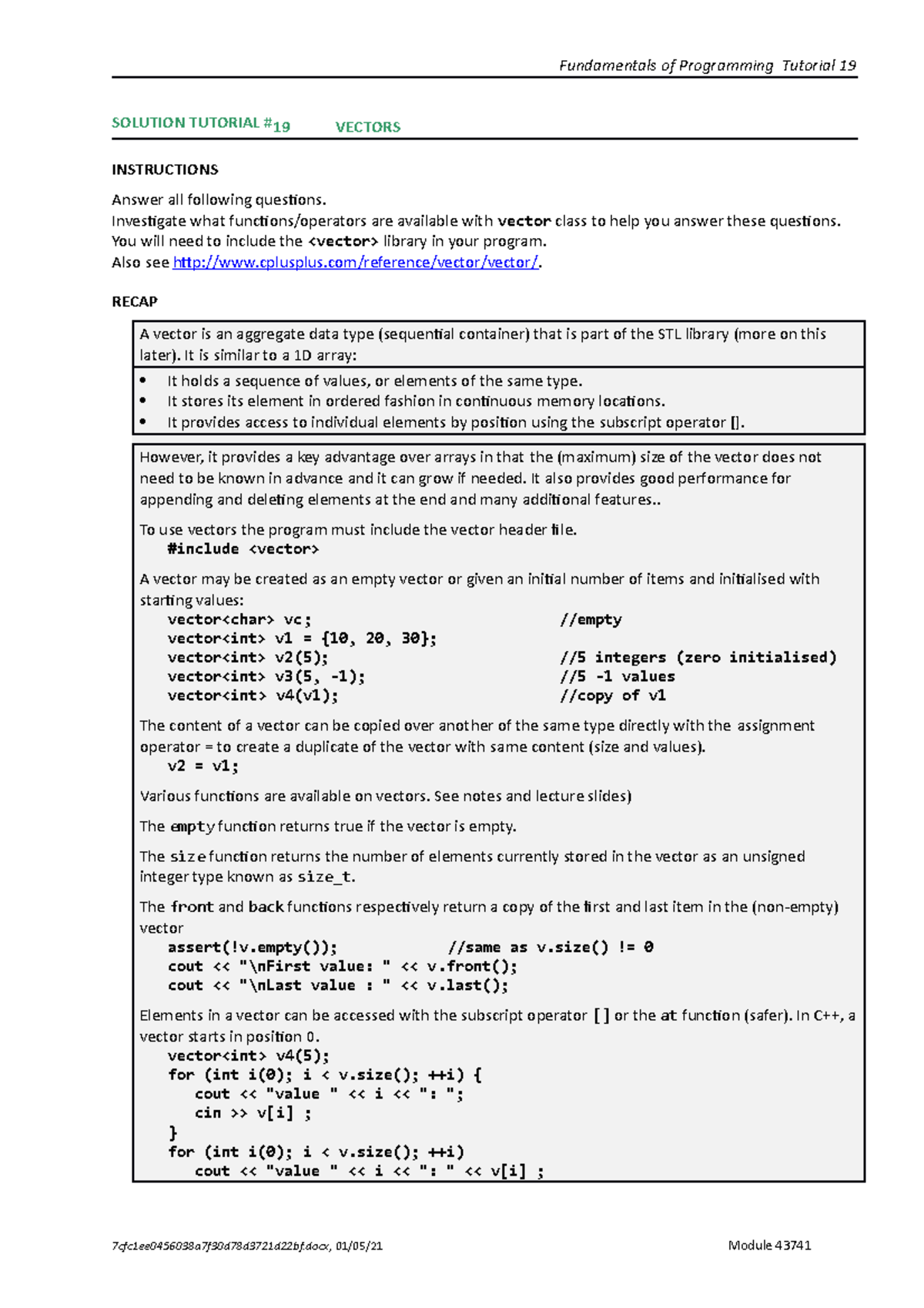 4374 T19 C++ Vector Exercises: Solutions & Implementation Guide - Studocu