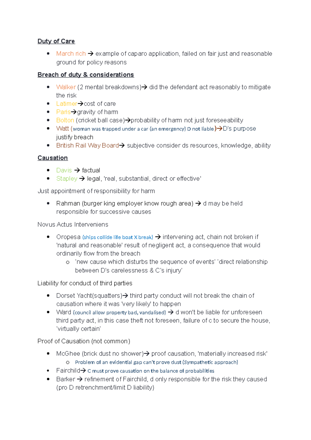 Tort Law Cases: Duty of Care & Causation Analysis - Studocu
