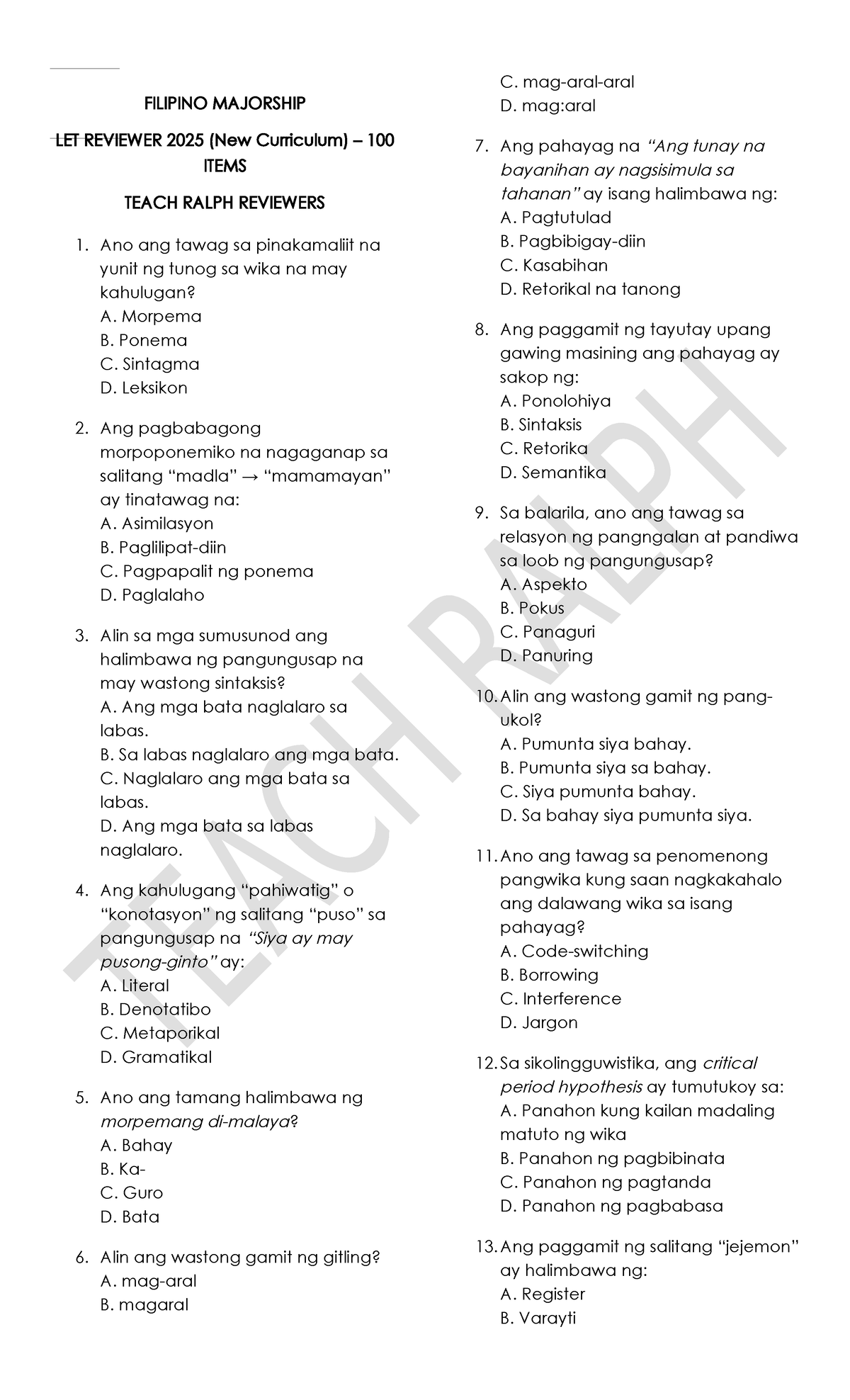 FILIPINO MAJORSHIP LET REVIEWER 2025: 100 ITEMS & ANSWERS - Document Preview