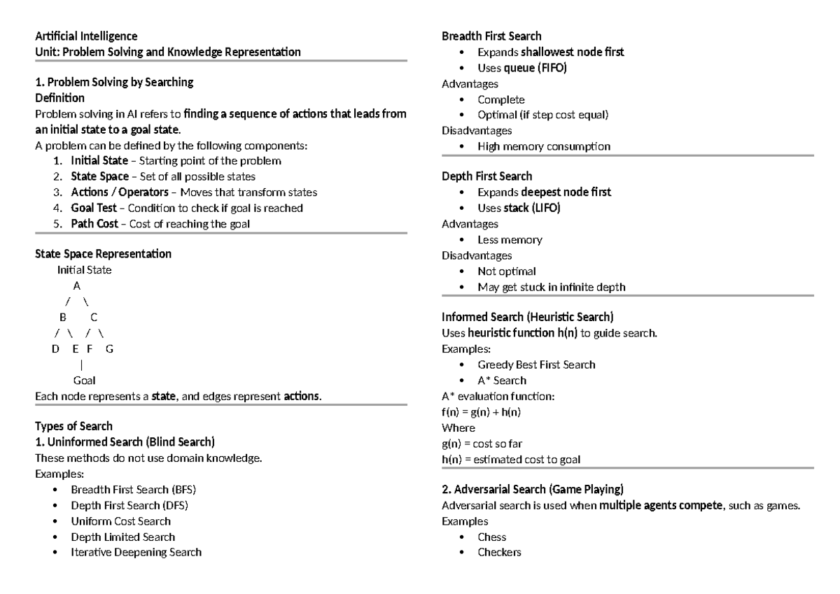 AIML 101: Problem Solving & Knowledge Representation Lecture Notes ...