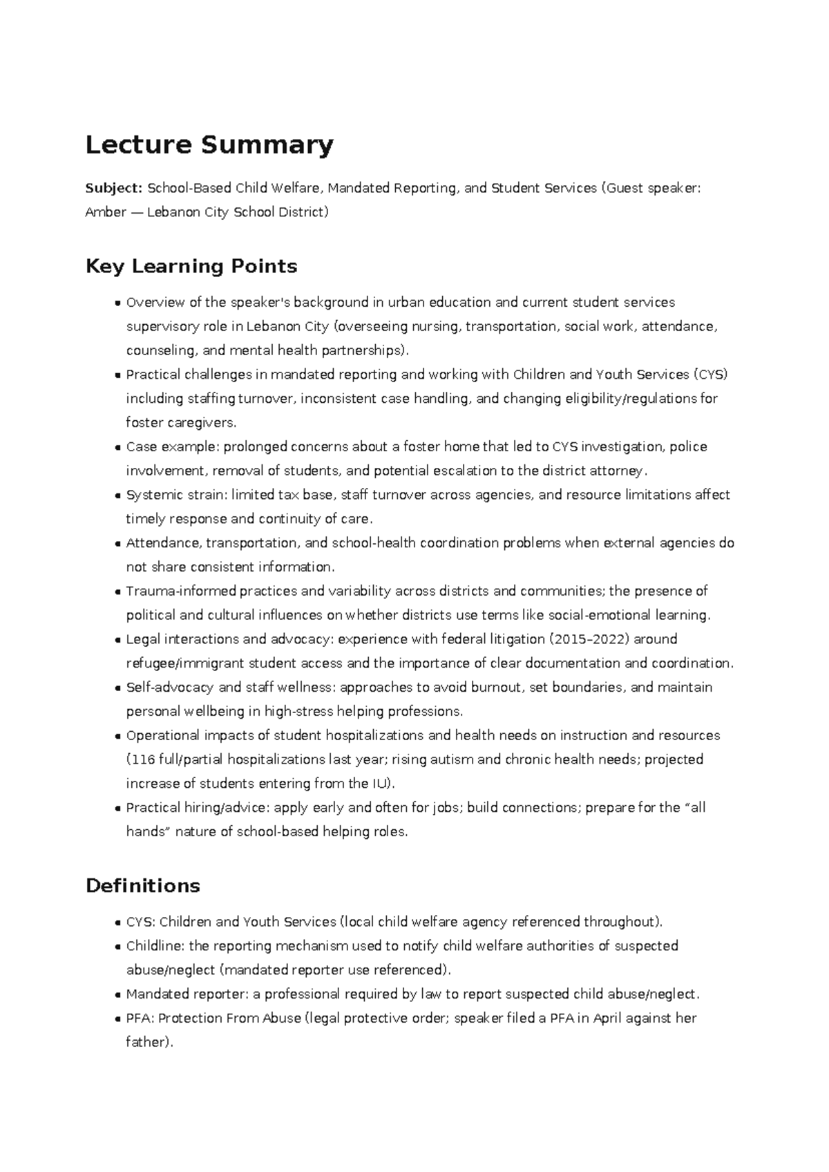Lecture Summary: School-Based Child Welfare Insights - Studocu