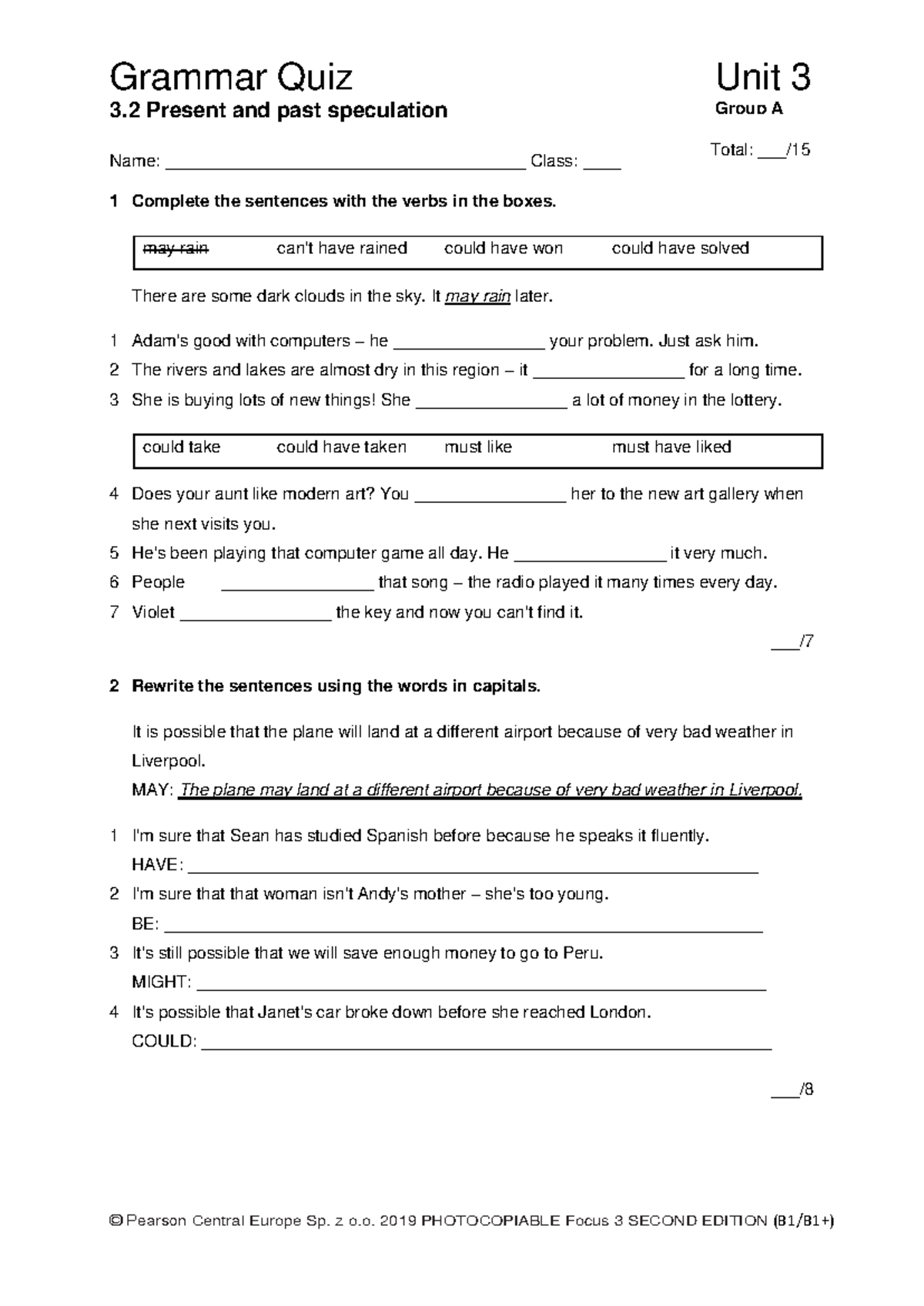Focus 3 2E Grammar Quiz Unit 3.2 for Group A Students - Studocu