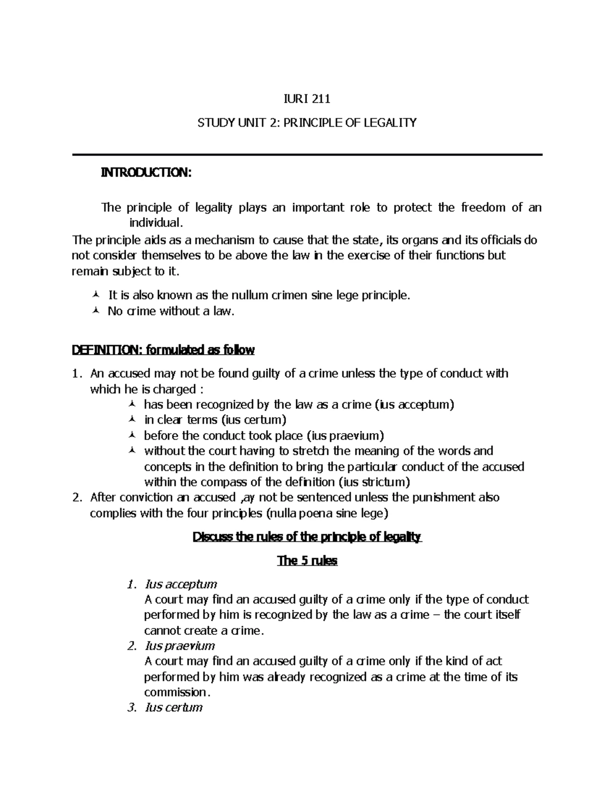 IURI 211 - Study Unit 2: The Principle of Legality in Criminal Law ...