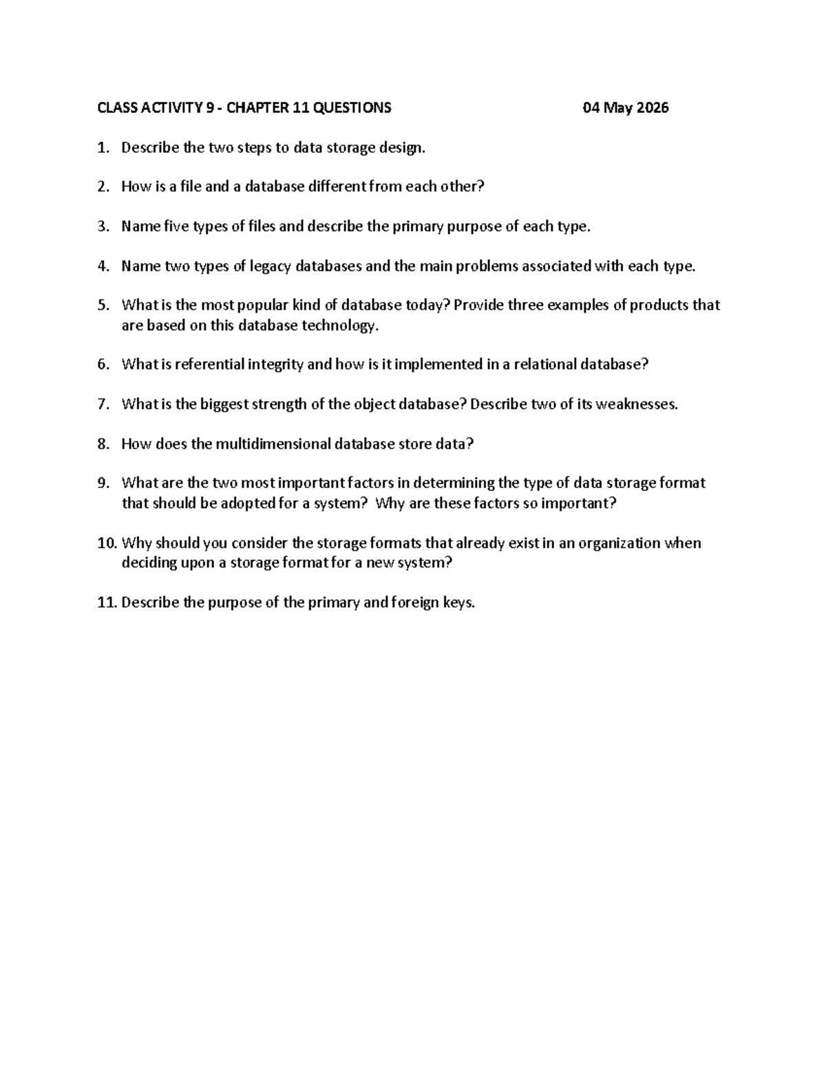 Class Activity 9: Chapter 11 Questions & Answers - Studocu
