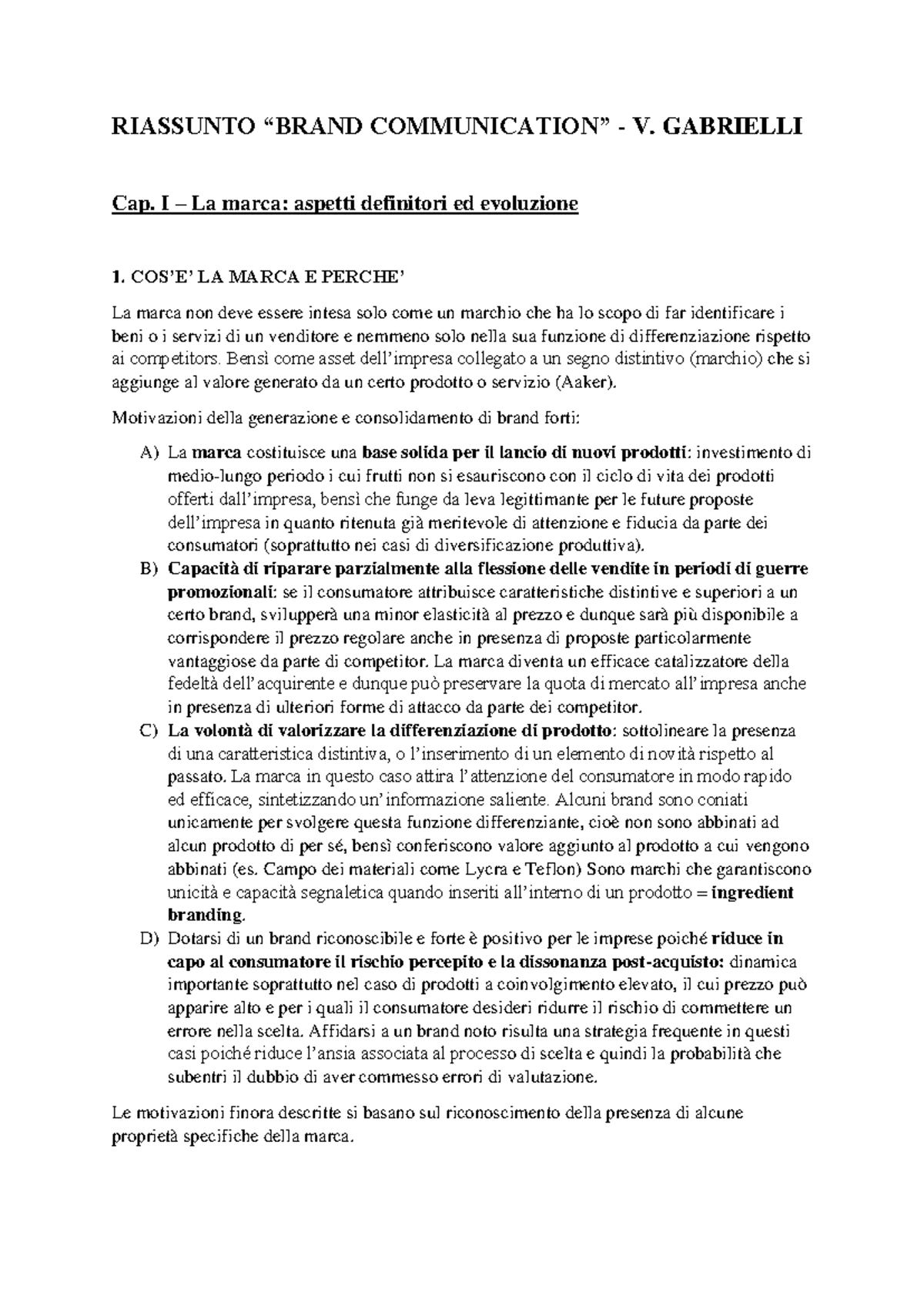 Riassunto Corso V: Comunicazione del Brand e il Suo Valore Strategico - Document Preview