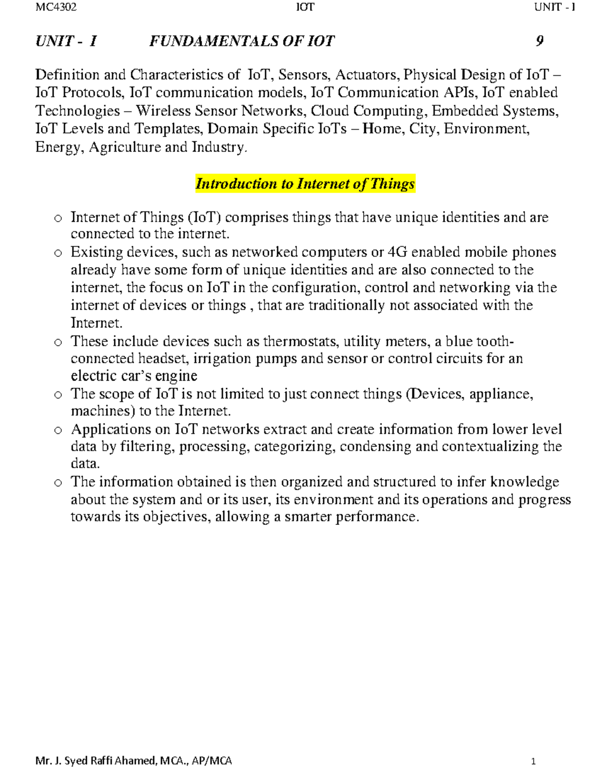 MC4302 IOT UNIT I: Fundamentals, Definitions, and Characteristics of ...