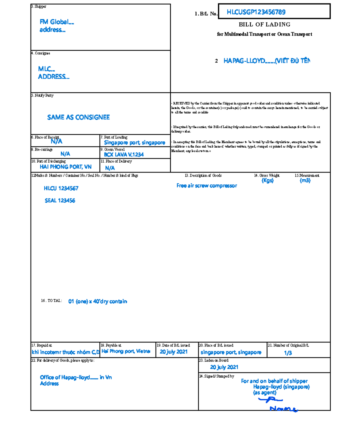 Master Bill of Lading (MBL) for Multimodal Transport - HLCUSGP123456789 ...