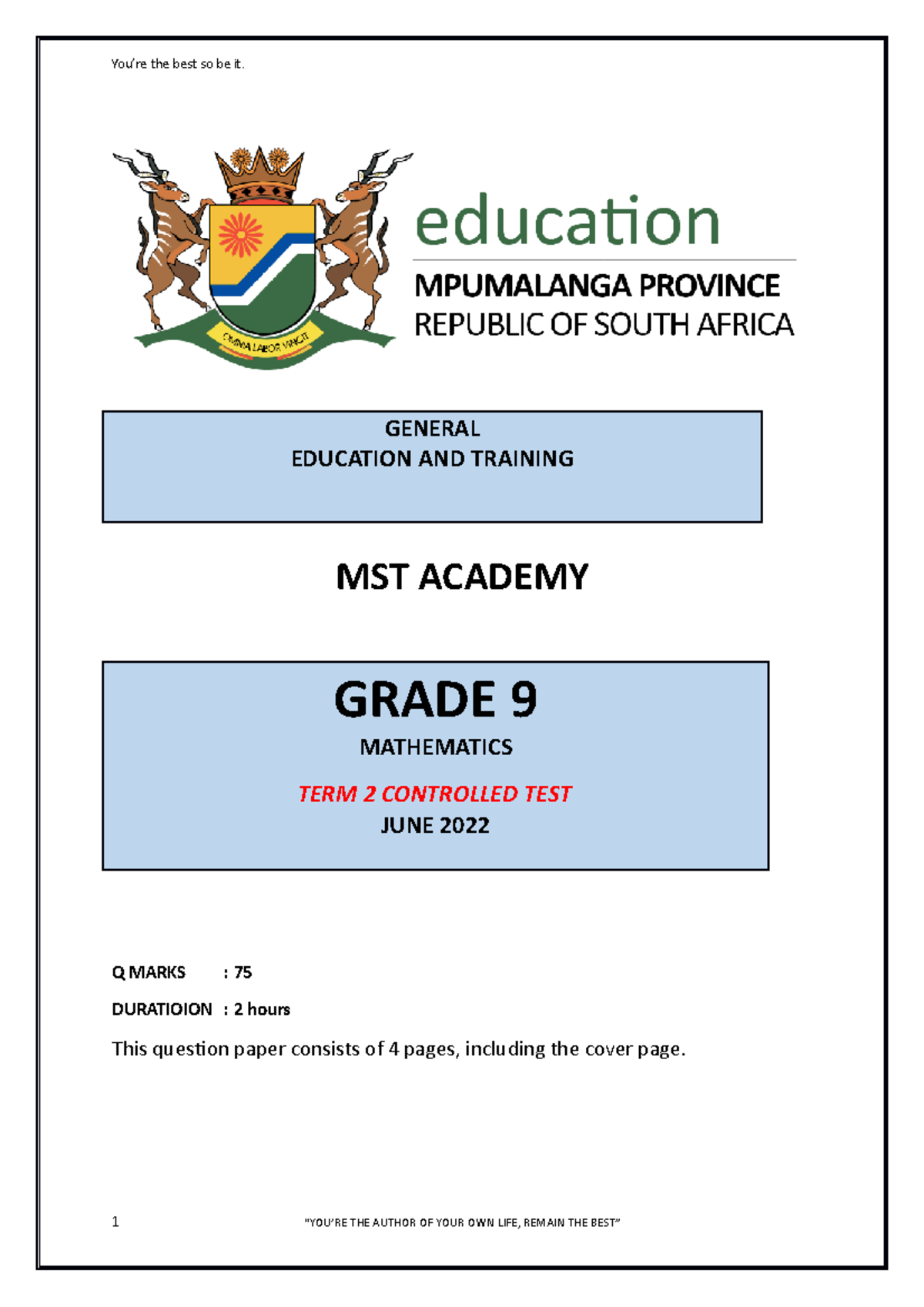Grade 9 Mathematics Term 2 Controlled Test - June 2022 - Studocu