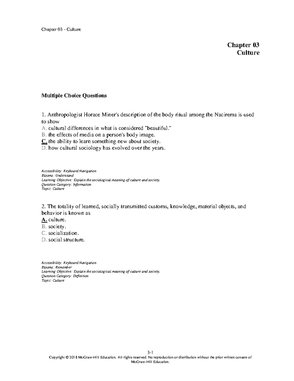 SOCS 101 Chapter 3 Culture Test Bank Questions and Answers - Studocu
