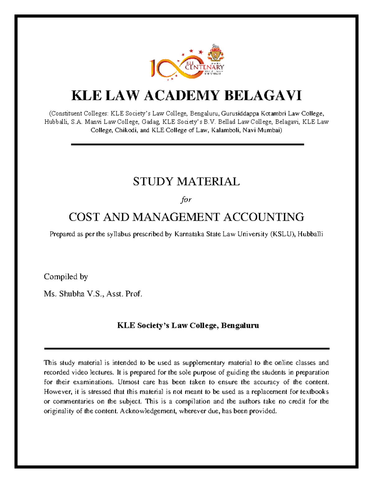 KSLU COST & MANAGEMENT ACCOUNTING Study Material Guide - Studocu