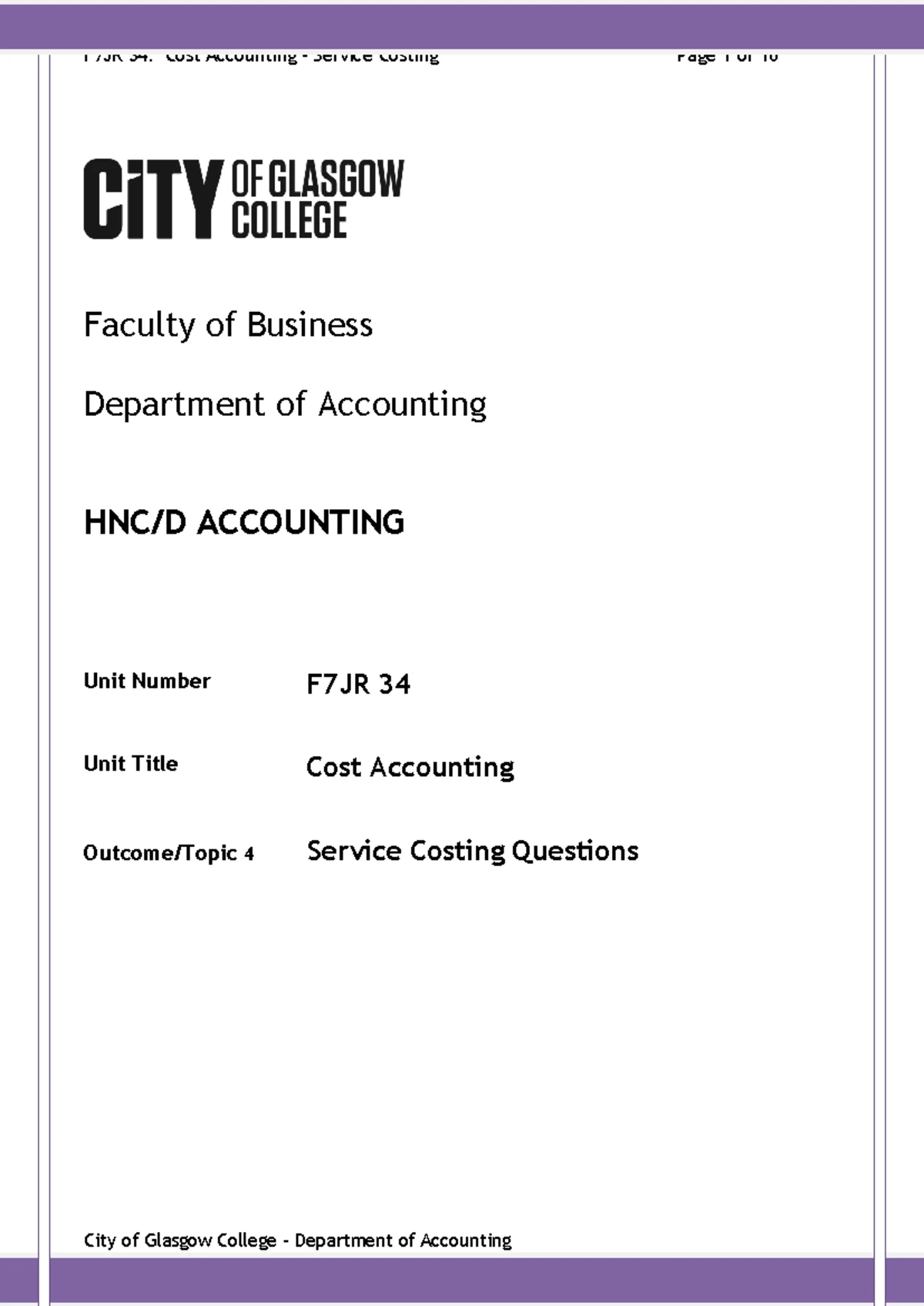 **HNC/D Accounting F7JR 34 Job Costing Notes & Questions** - Studocu
