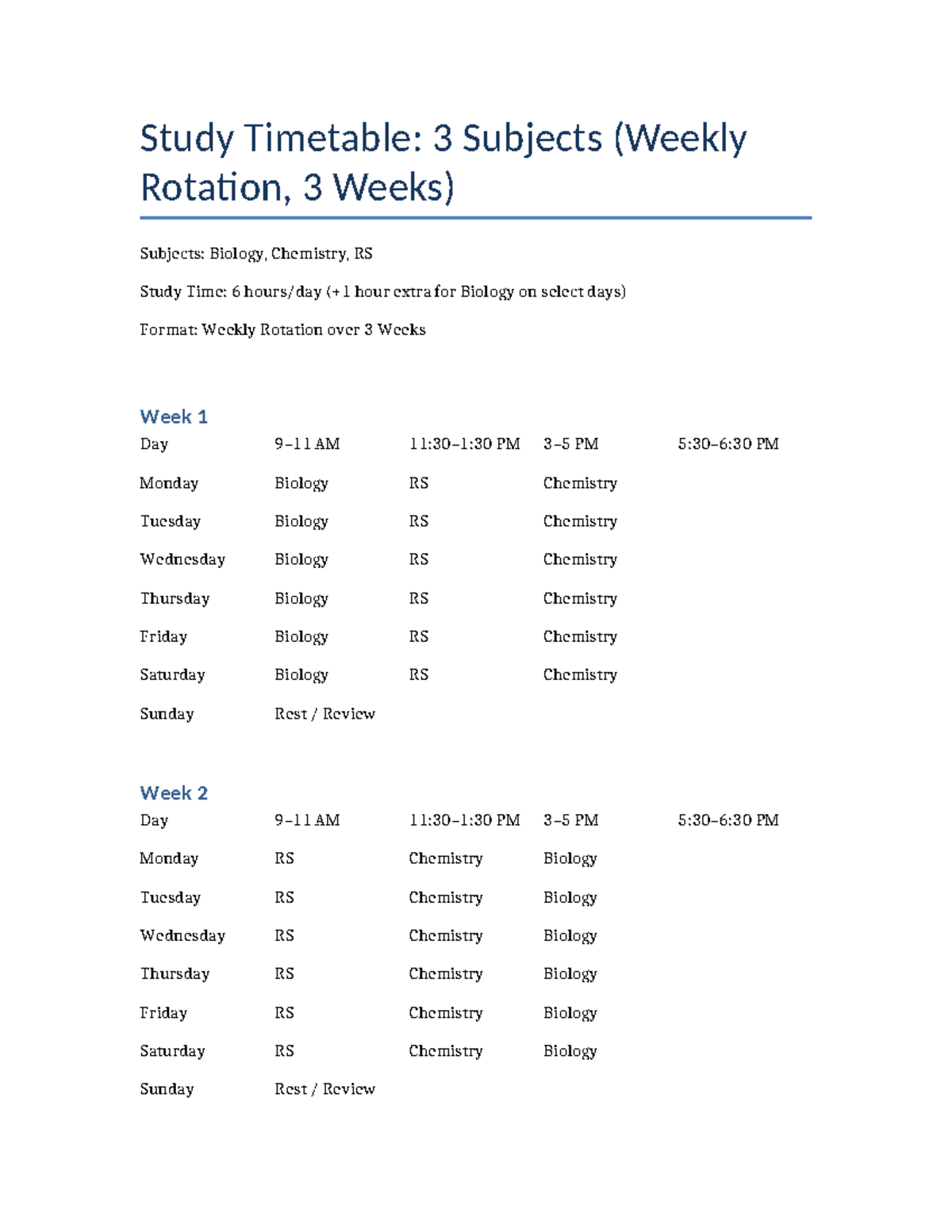 Study timetable for 3 subjects: biology, chemistry, and RS - Studocu
