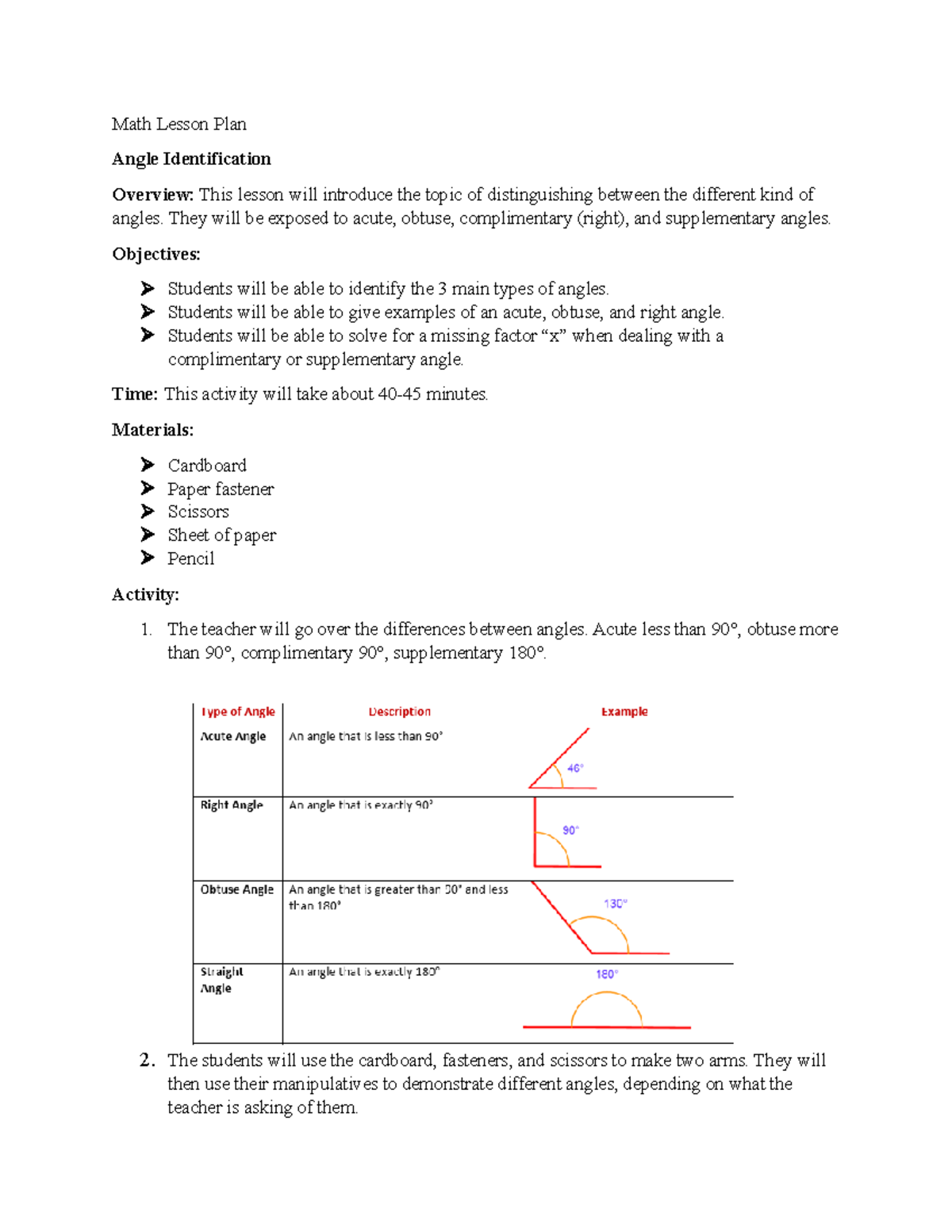 MAT151 Lesson Plan: Angle Identification and Types of Angles - Studocu