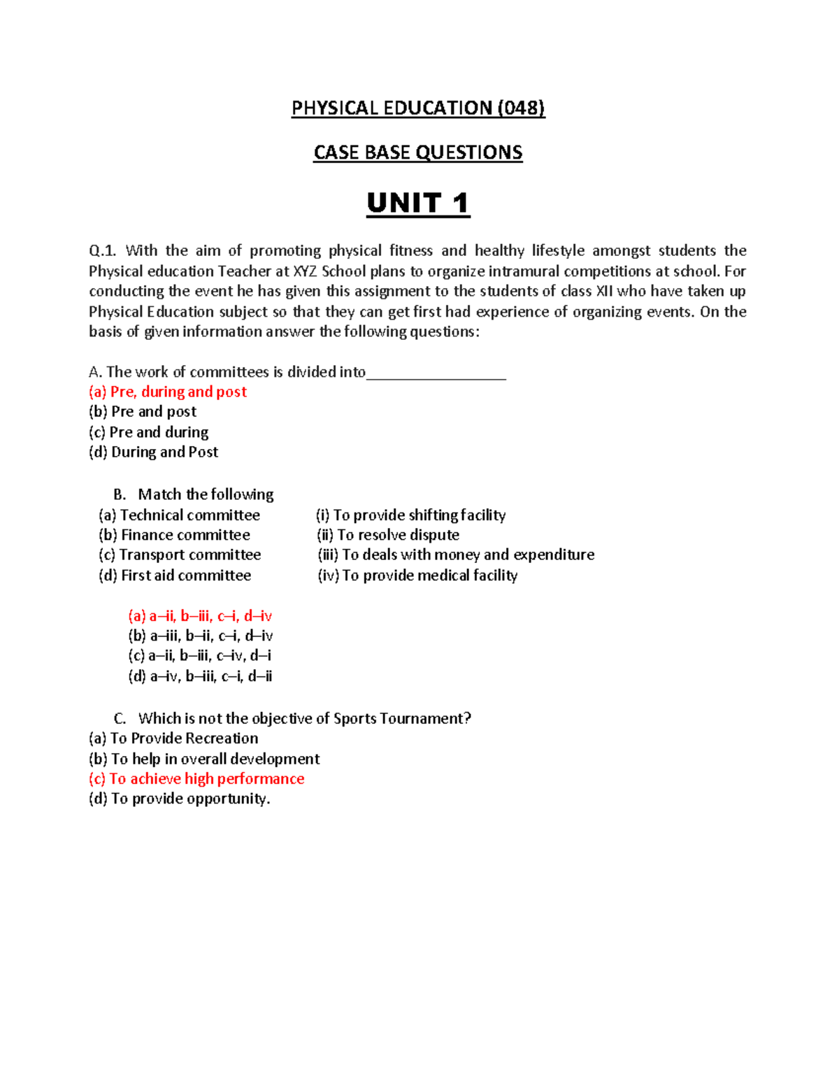 Case Study Questions for Physical Education 048 - Class XII - Studocu