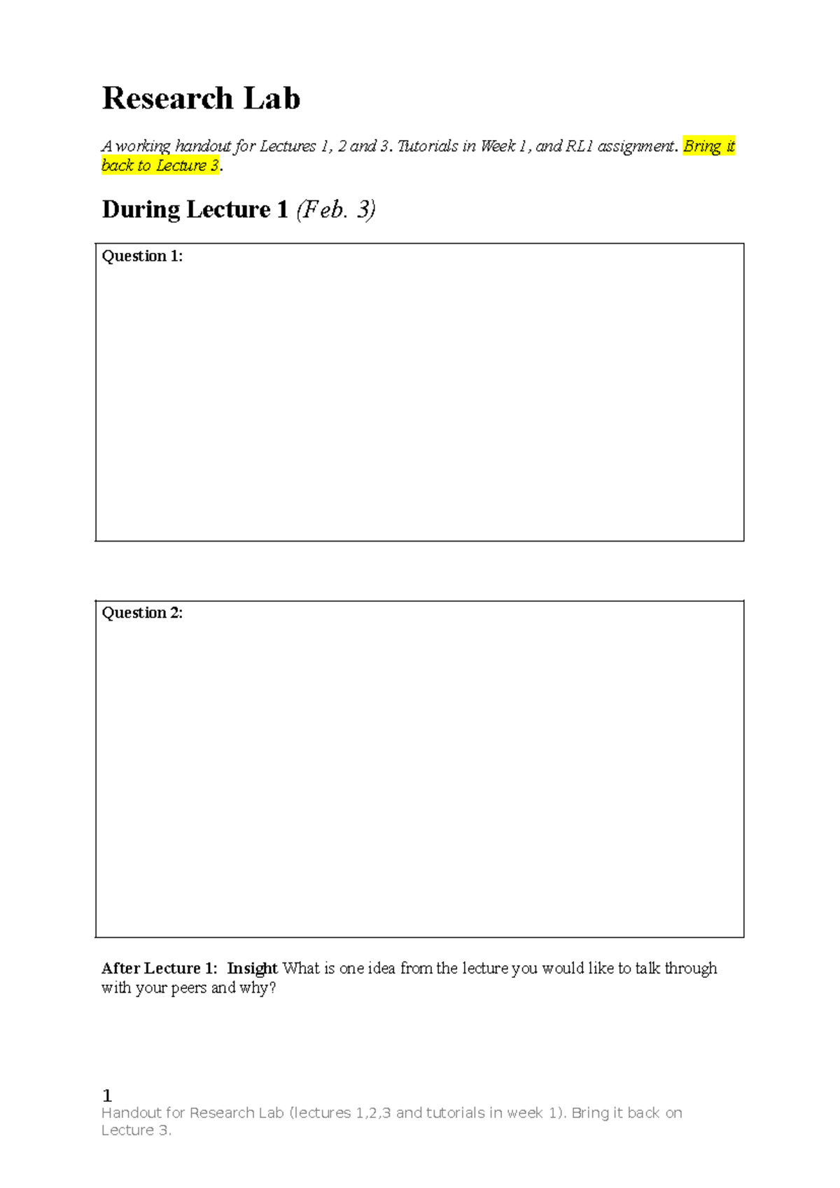 Student Handout for Research Lab (RL1) - Lectures 1, 2, 3 & Tutorials ...