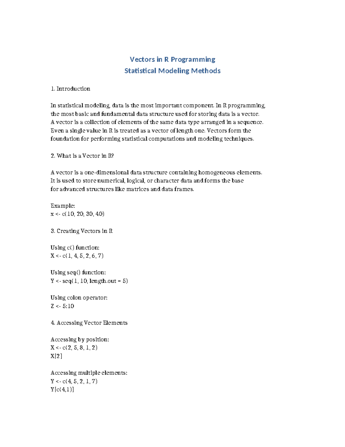 Vectors in R Programming: Statistical Modeling Methods 1 - Studocu