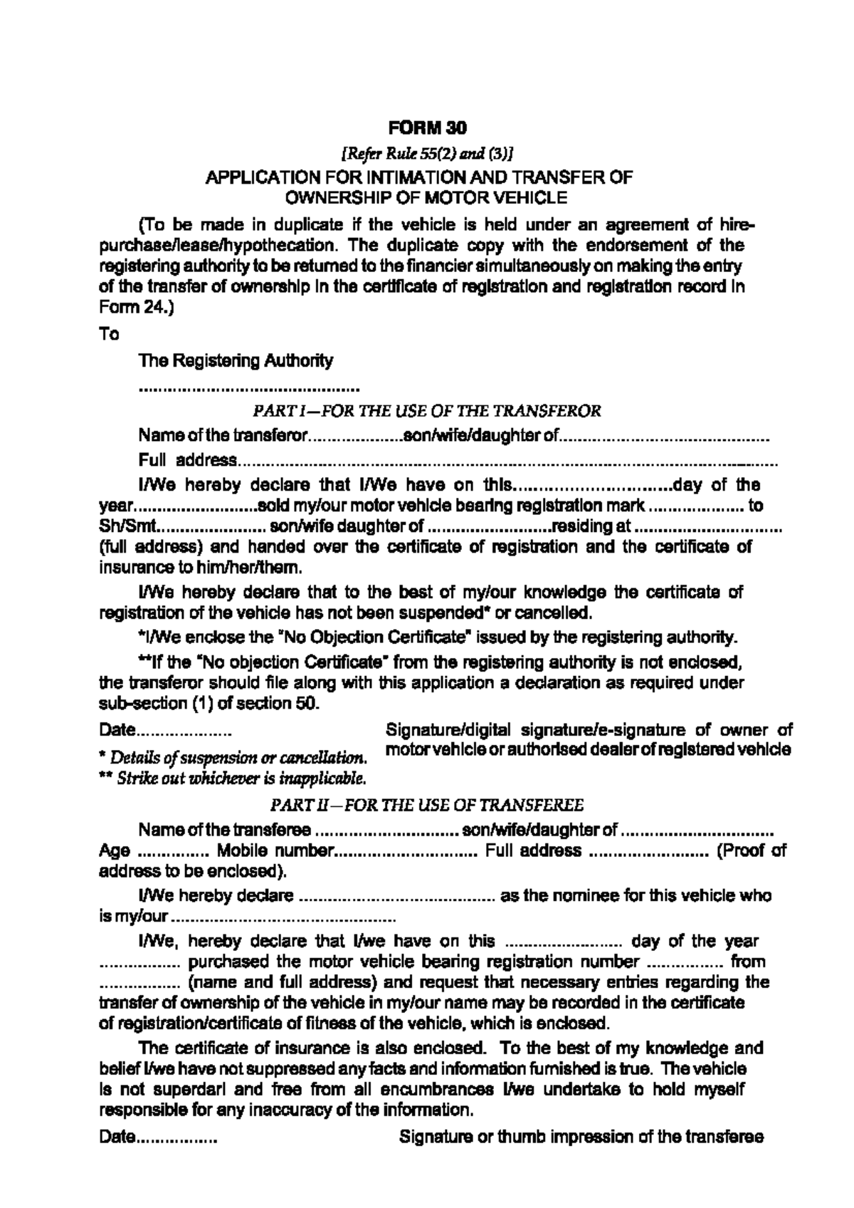FORM 30 - Application for Vehicle Ownership Transfer - Studocu