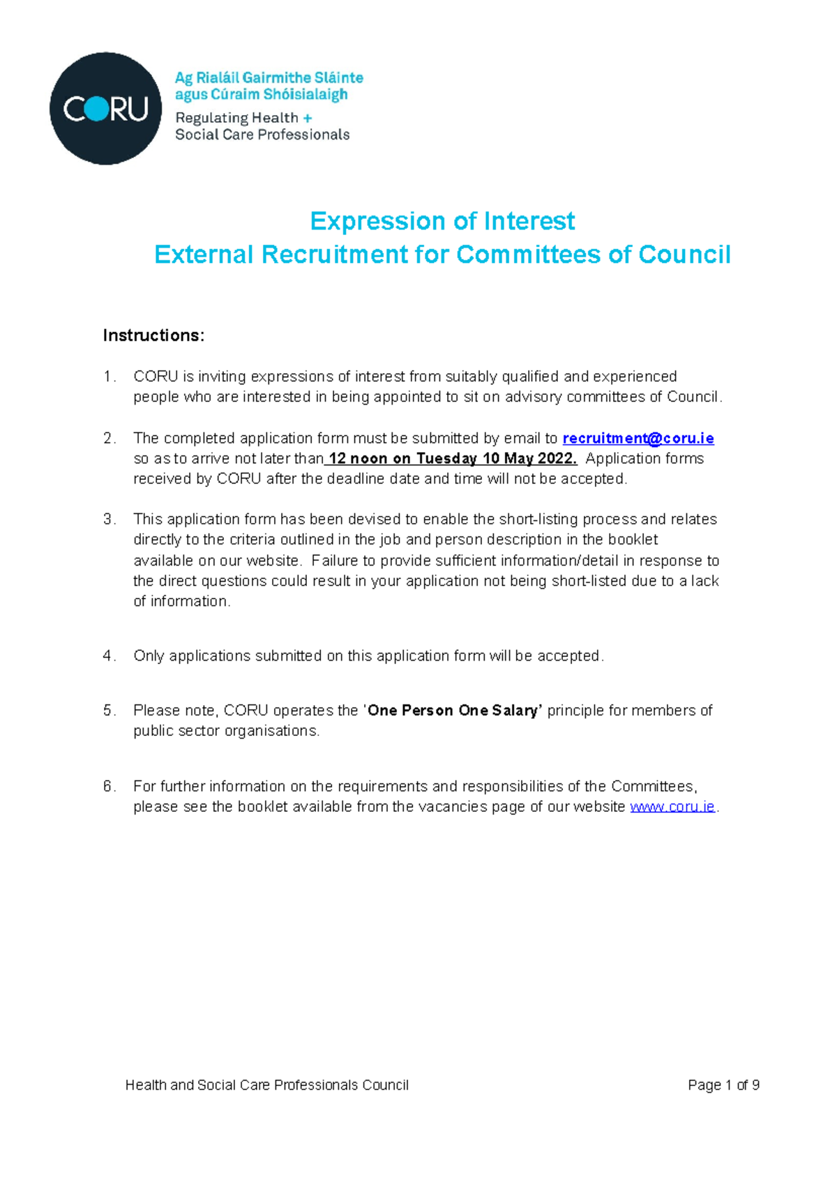 External Committee Member Application Form - CORU Instructions - Studocu