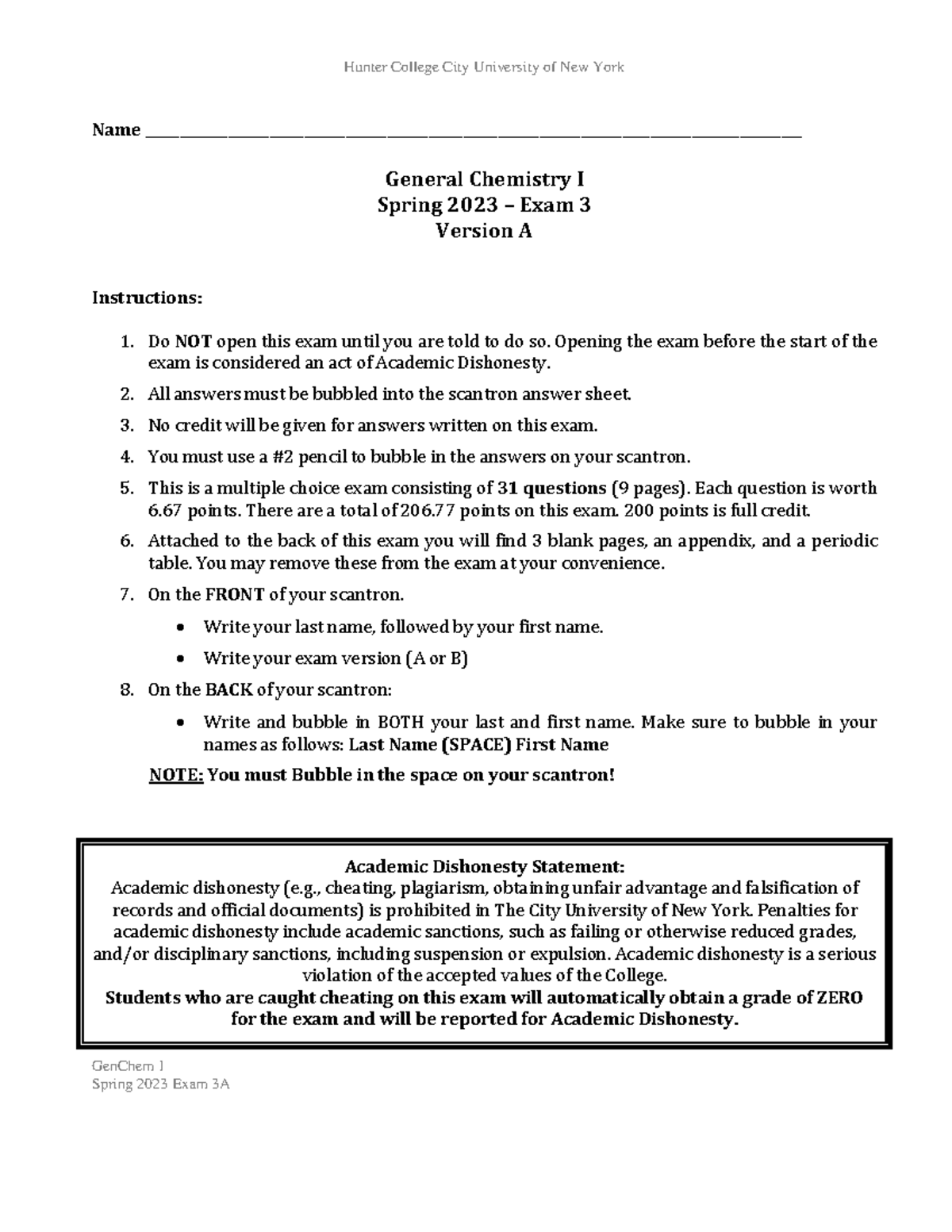 GenChem I Spring 2023 Exam 3A Practice Questions and Instructions - Studocu