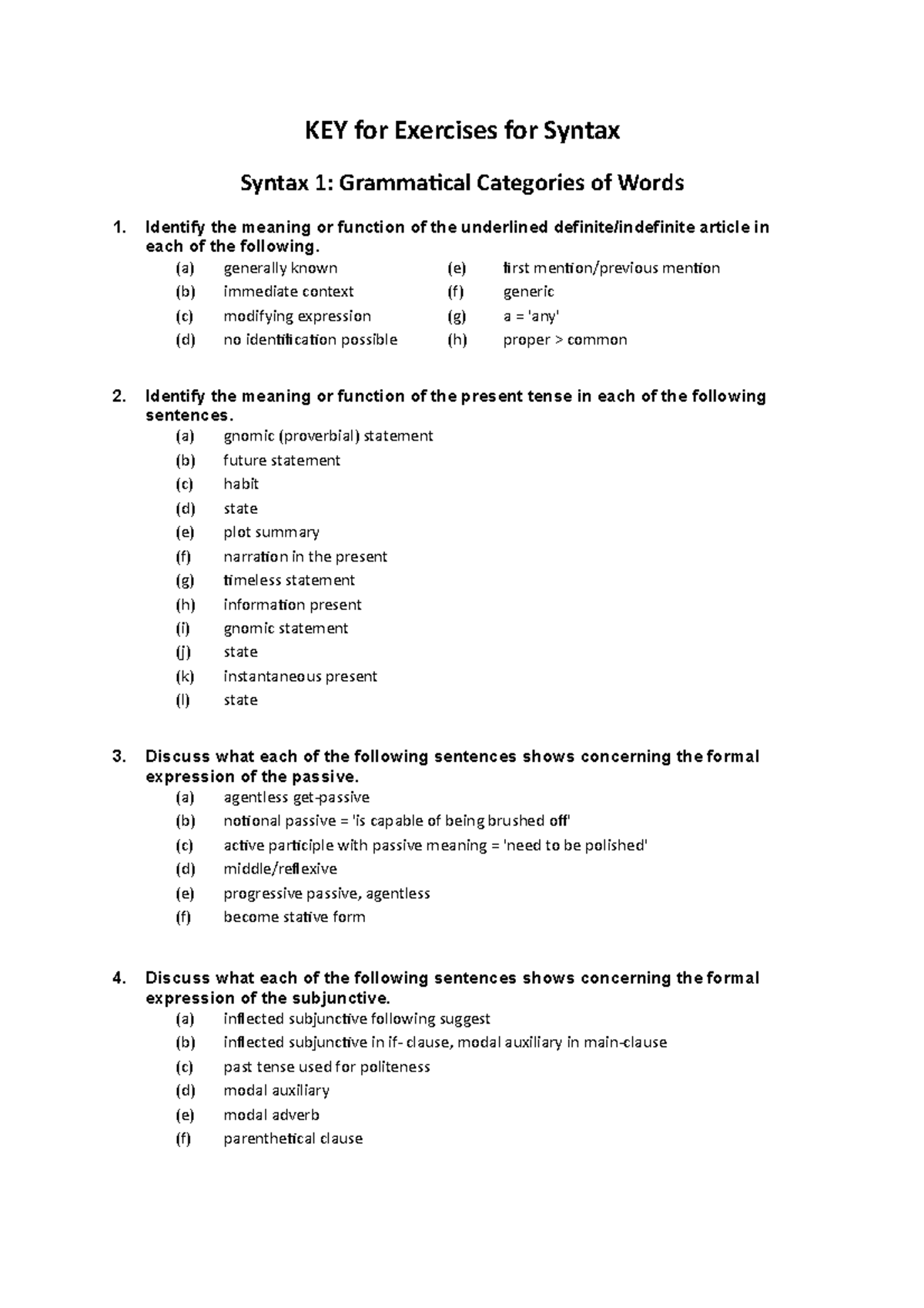 KEY for Syntax Exercises 2018: Understanding Grammatical Structures ...