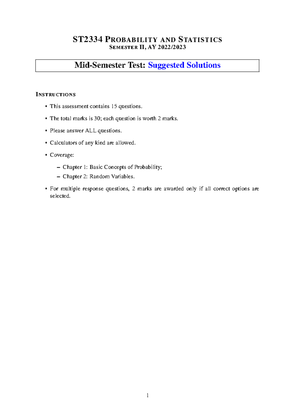 ST2334 Probability and Statistics Semester II Midterm Solutions - Studocu