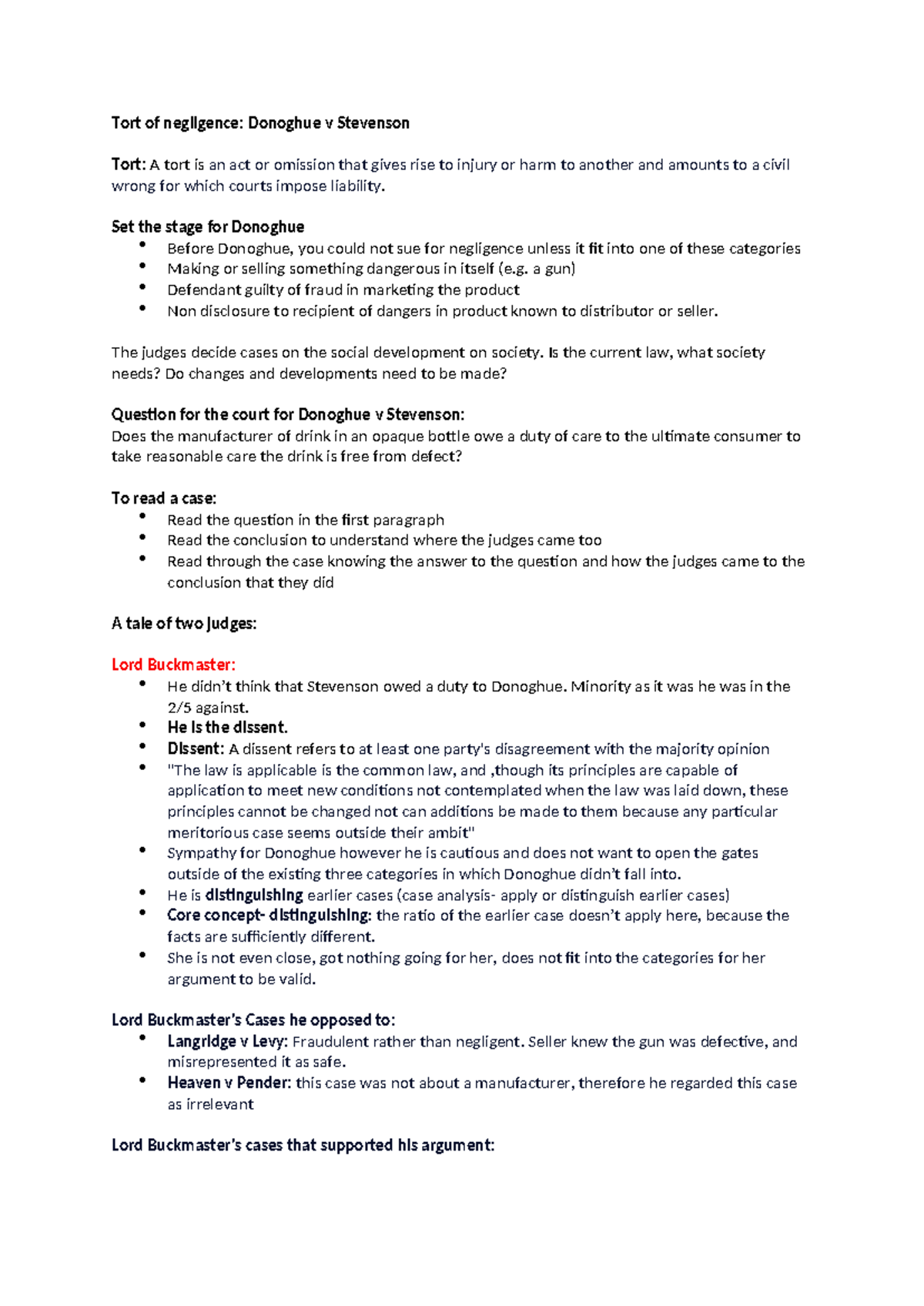 Tort of Negligence: Donoghue v Stevenson Case Study Analysis - Studocu