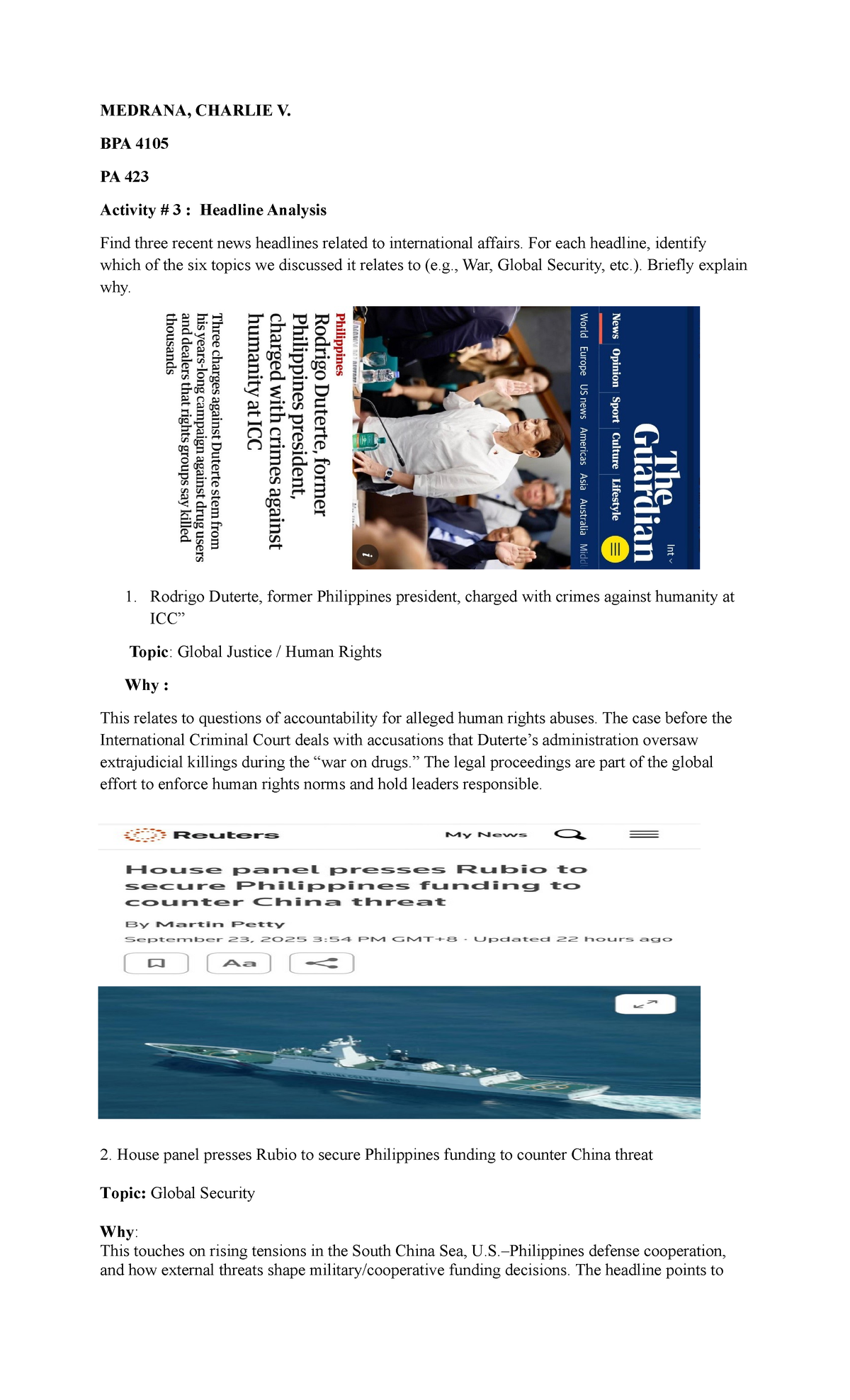 BPA 4105 PA 423 Activity 3: International Affairs Headline Analysis ...