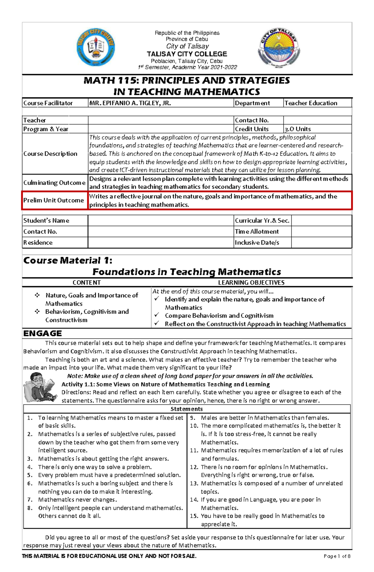 MATH 115: Lesson Planning Strategies in Teaching Mathematics - Studocu