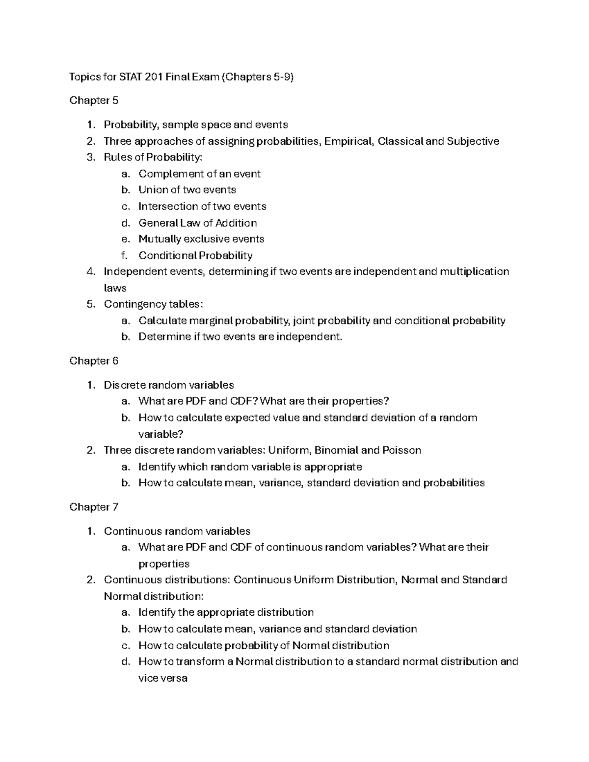 Topics for STAT 201 Final Exam Review Guide (Chapters 5-9) - Studocu